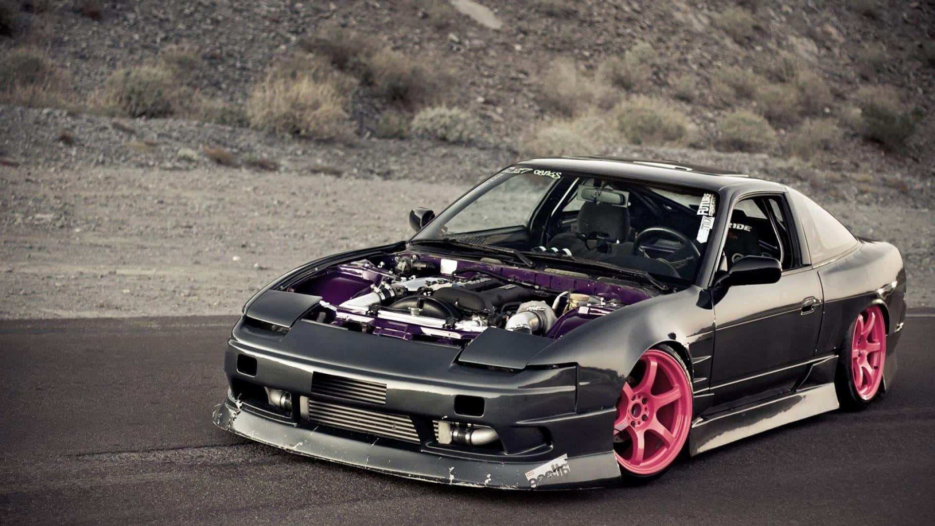Nissan Silvia S13, matte black, vibrant pink wheels, Full HD Desktop Wallpaper
