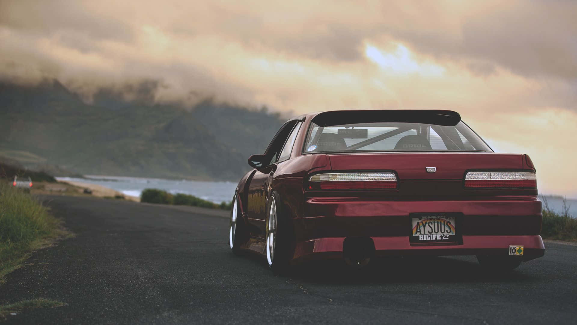 Nissan Silvia S13, glossy red, coastal road, Full HD Desktop Wallpaper