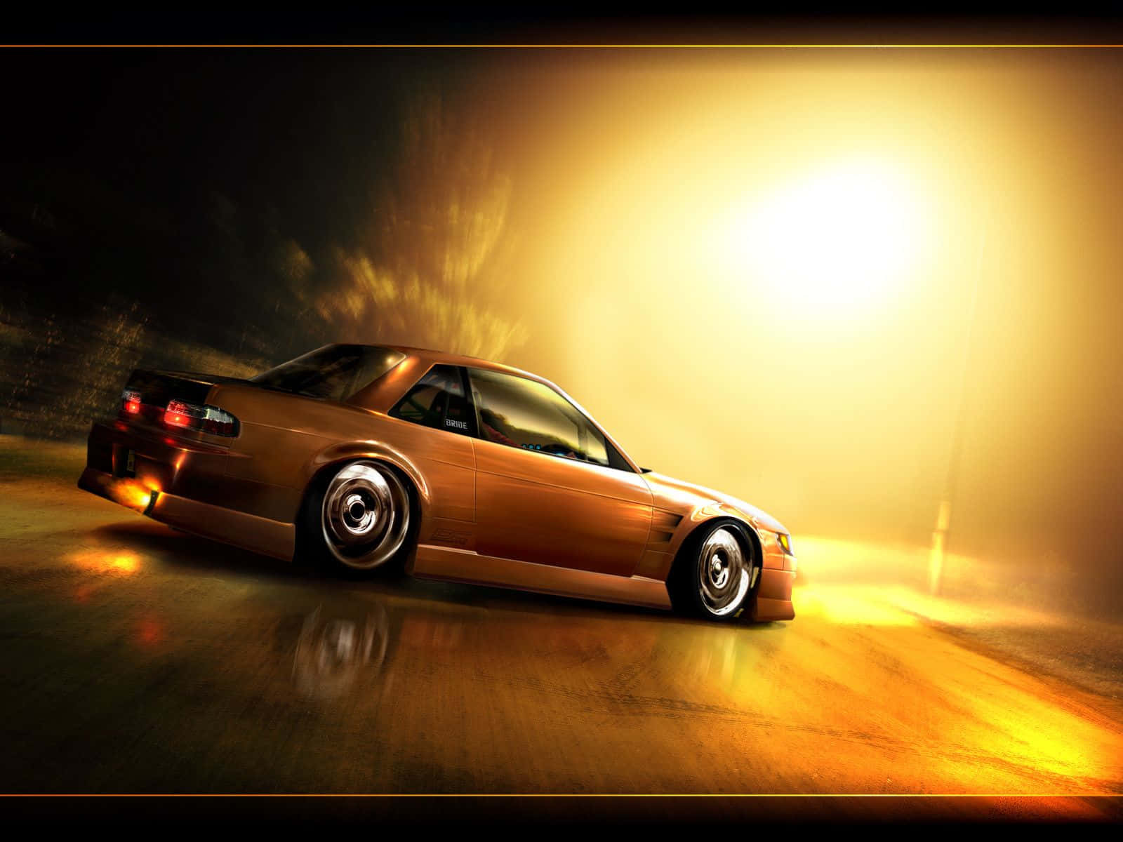 Nissan Silvia S13, golden, drifts at night, HD Desktop Wallpaper