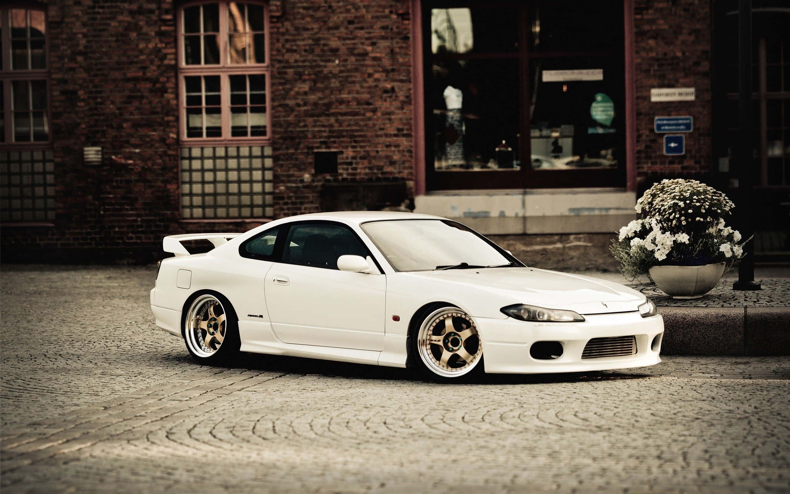 Nissan Silvia S15, white, gold rims, 2K Desktop Wallpaper
