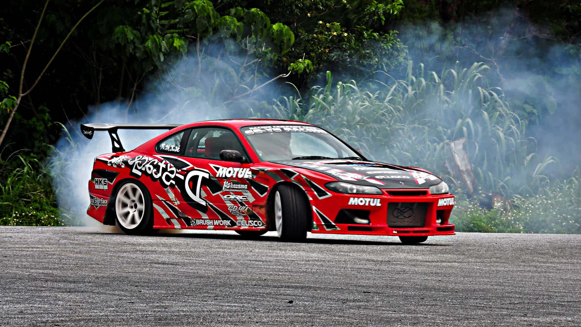 Nissan Silvia S15, red drift car, black graphics, Full HD Desktop Wallpaper