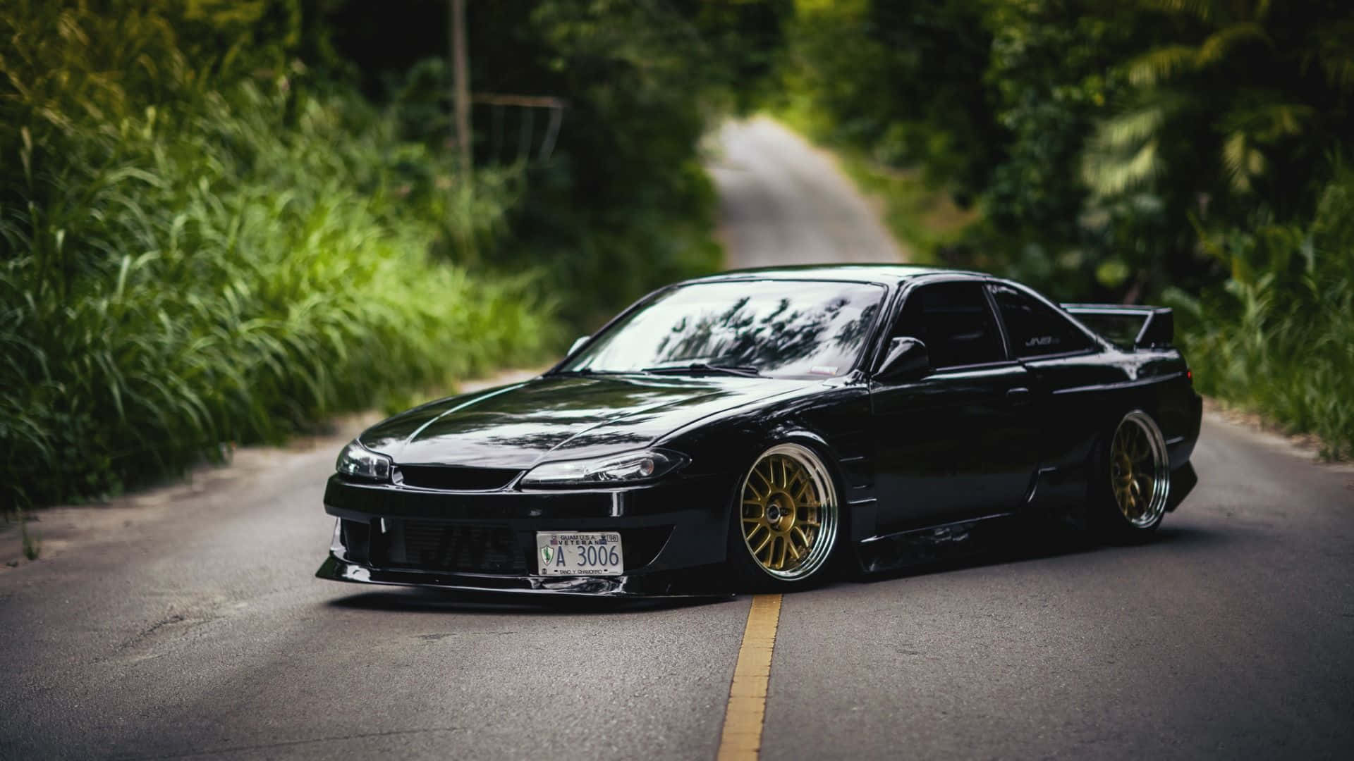 Nissan Silvia S15, golden mag wheels, black sports car, Full HD Desktop Wallpaper