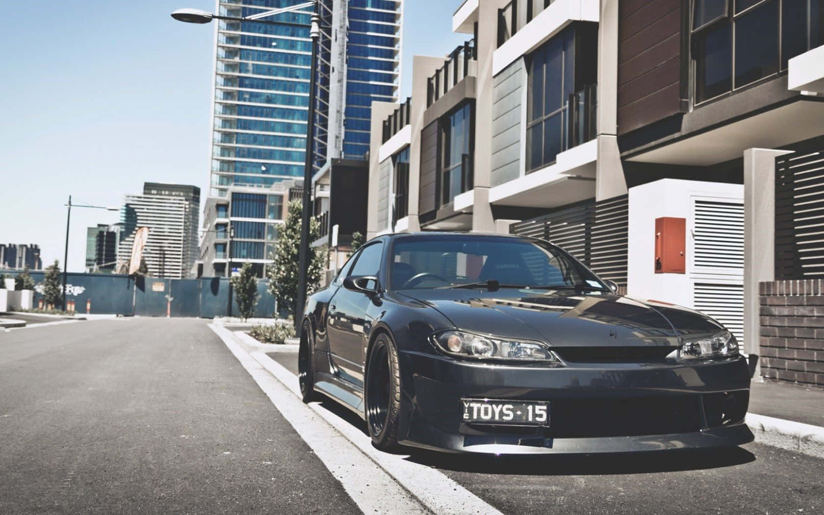 Nissan Silvia S15, black, modern buildings, HD Desktop Wallpaper