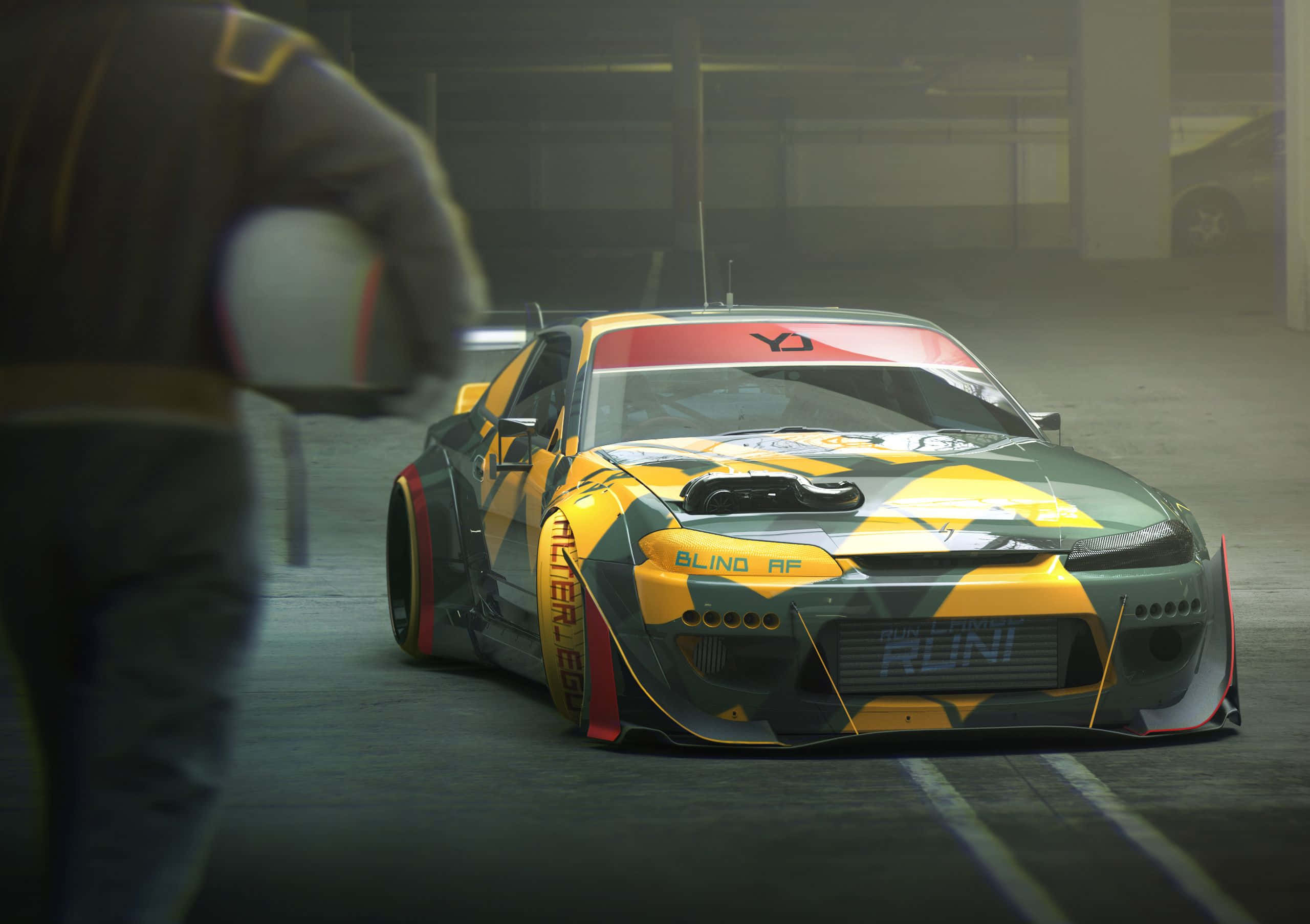 Nissan Silvia S15, yellow green and red livery, smoky garage, 2K Desktop Wallpaper