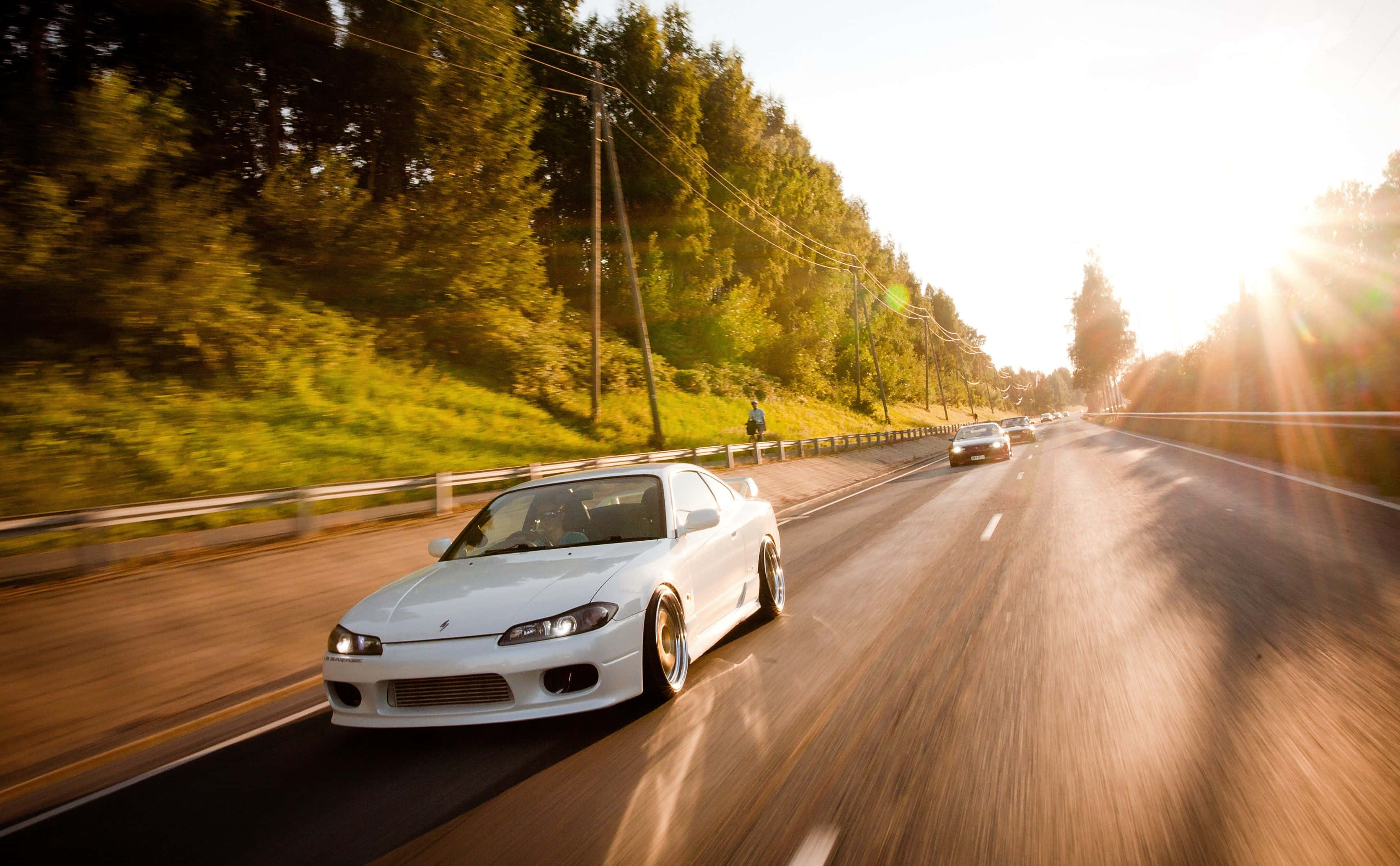 Nissan Silvia S15, white sports car, sun-drenched highway, 2K Desktop Wallpaper