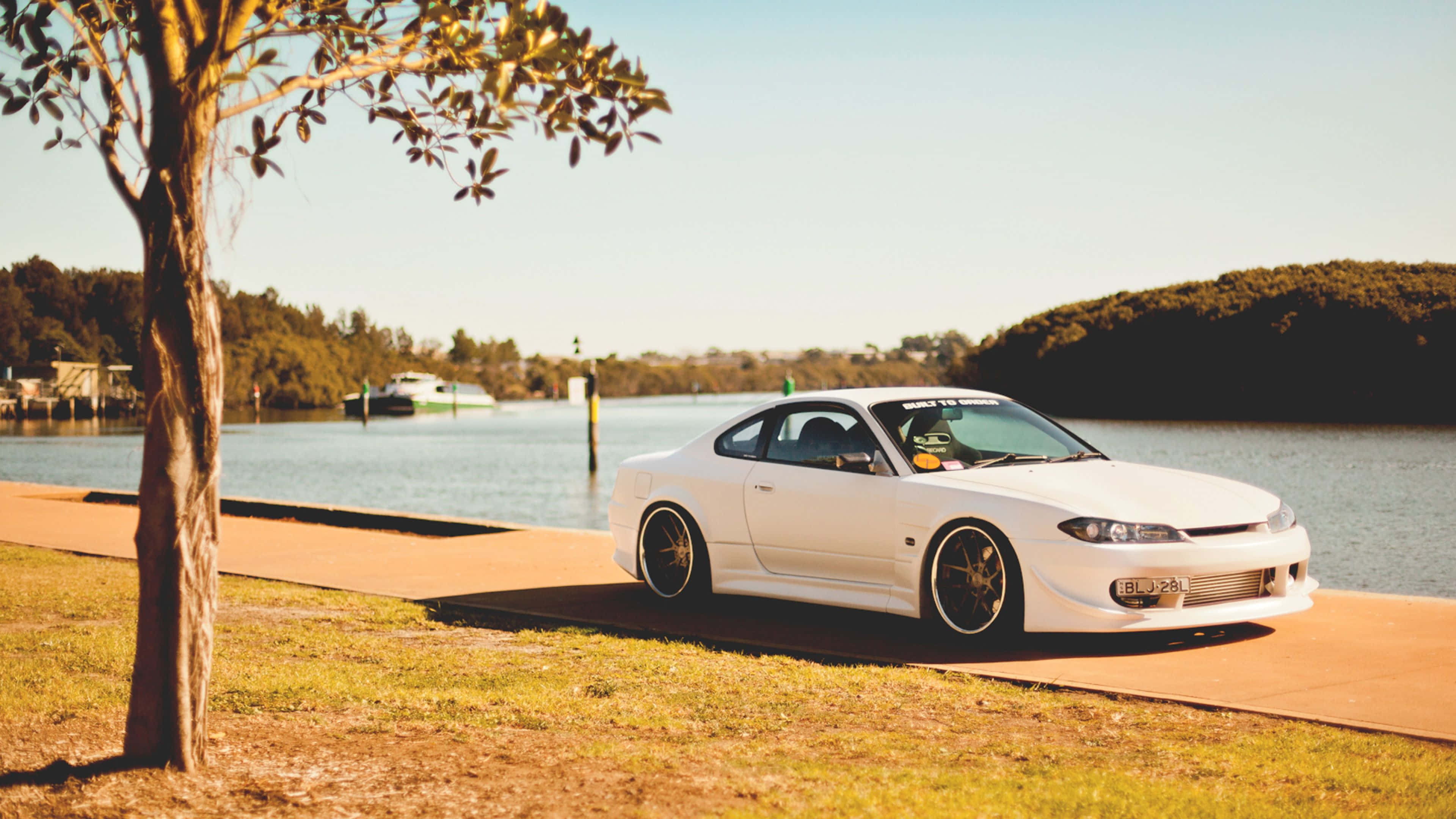 Nissan Silvia S15, white, lakeside path, 4K Desktop Wallpaper