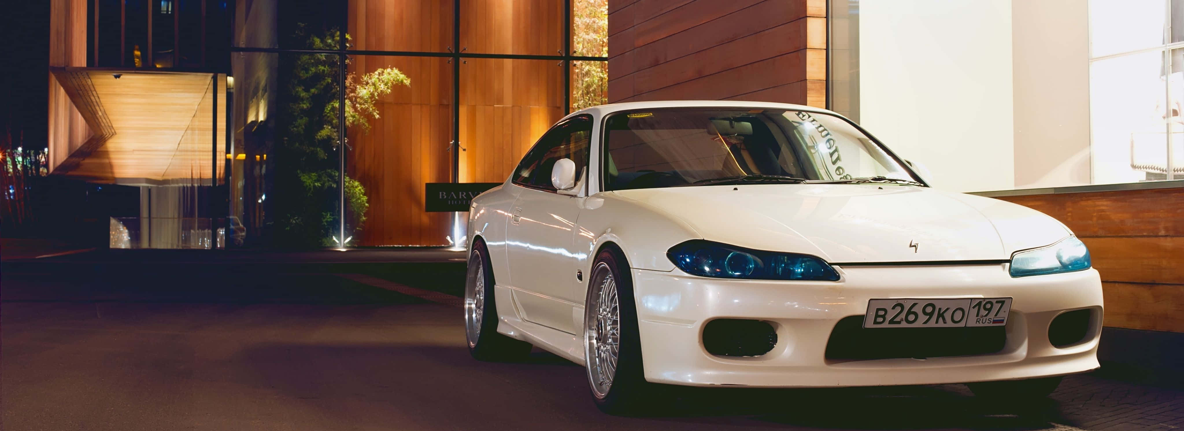 Nissan Silvia S15, white, evening lights, 4K Desktop Wallpaper