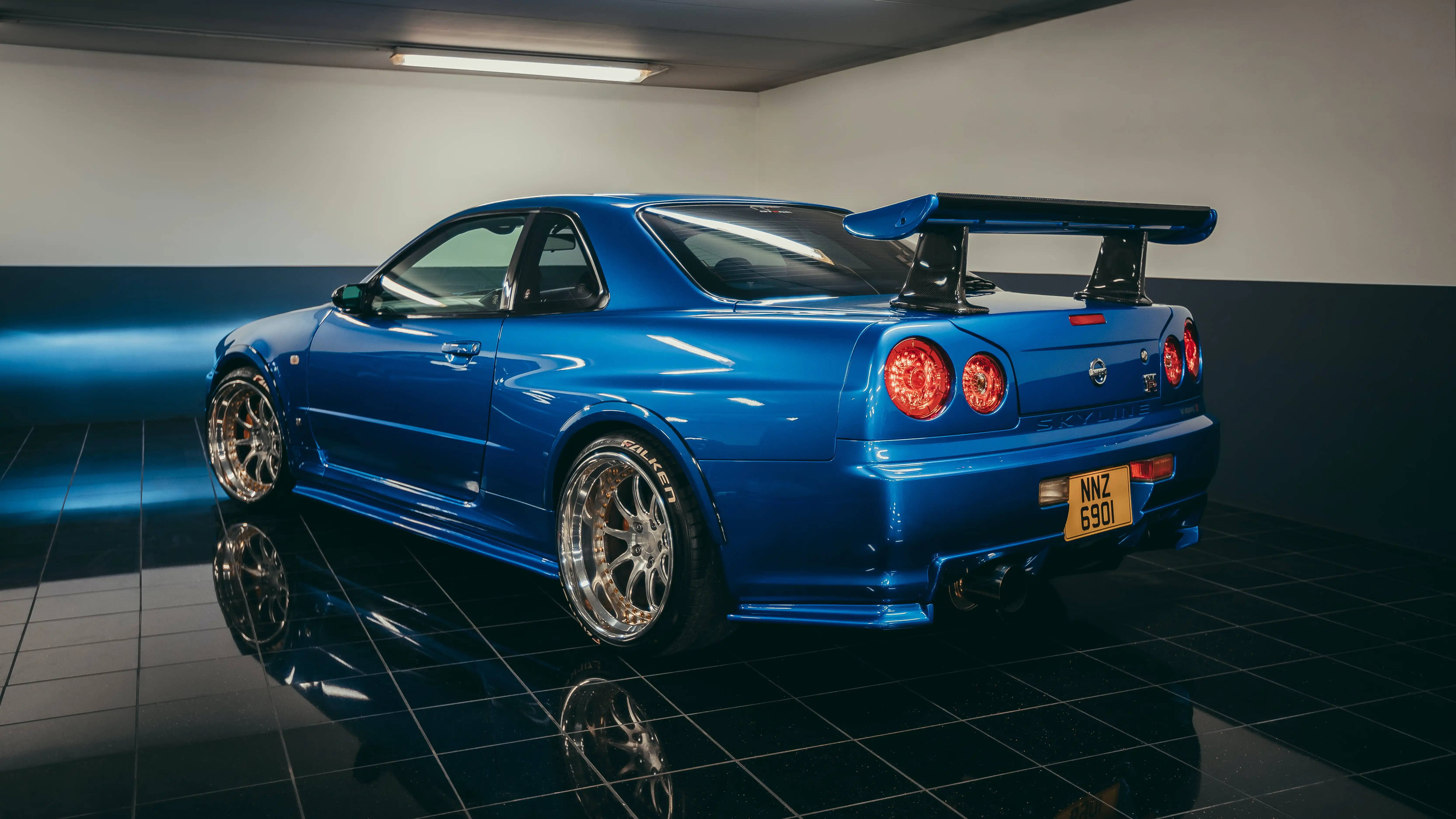 Nissan Skyline R34, R34 GTR, glossy blue, 5K Desktop Wallpaper