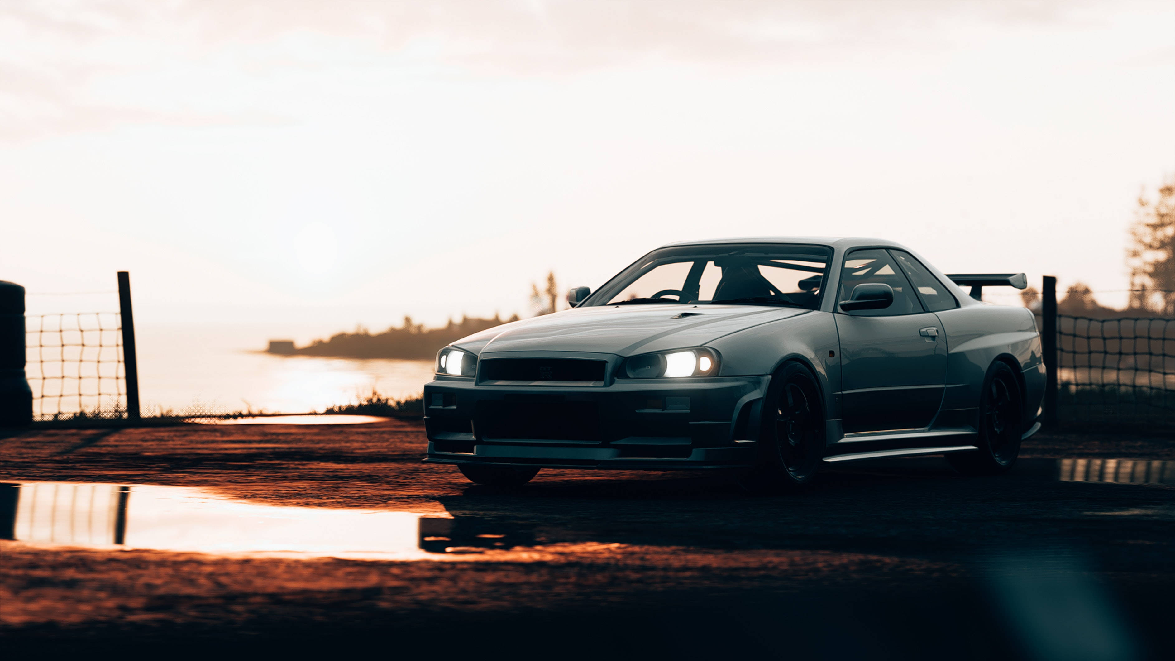 Nissan Skyline GTR R34, silver, glowing headlights, 2K Desktop Wallpaper