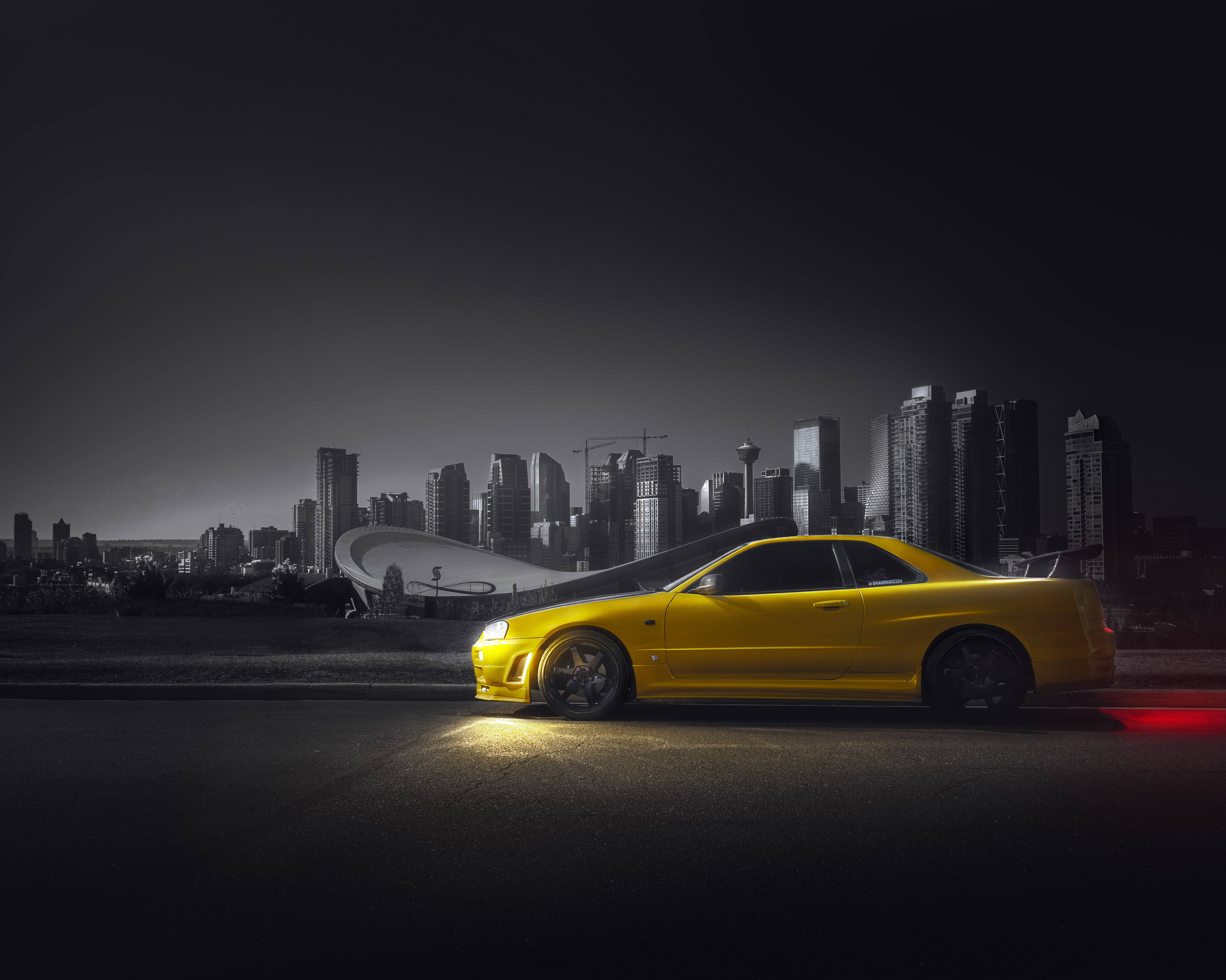 Nissan Skyline GTR R34, vibrant yellow, streetlights, 4K Desktop Wallpaper