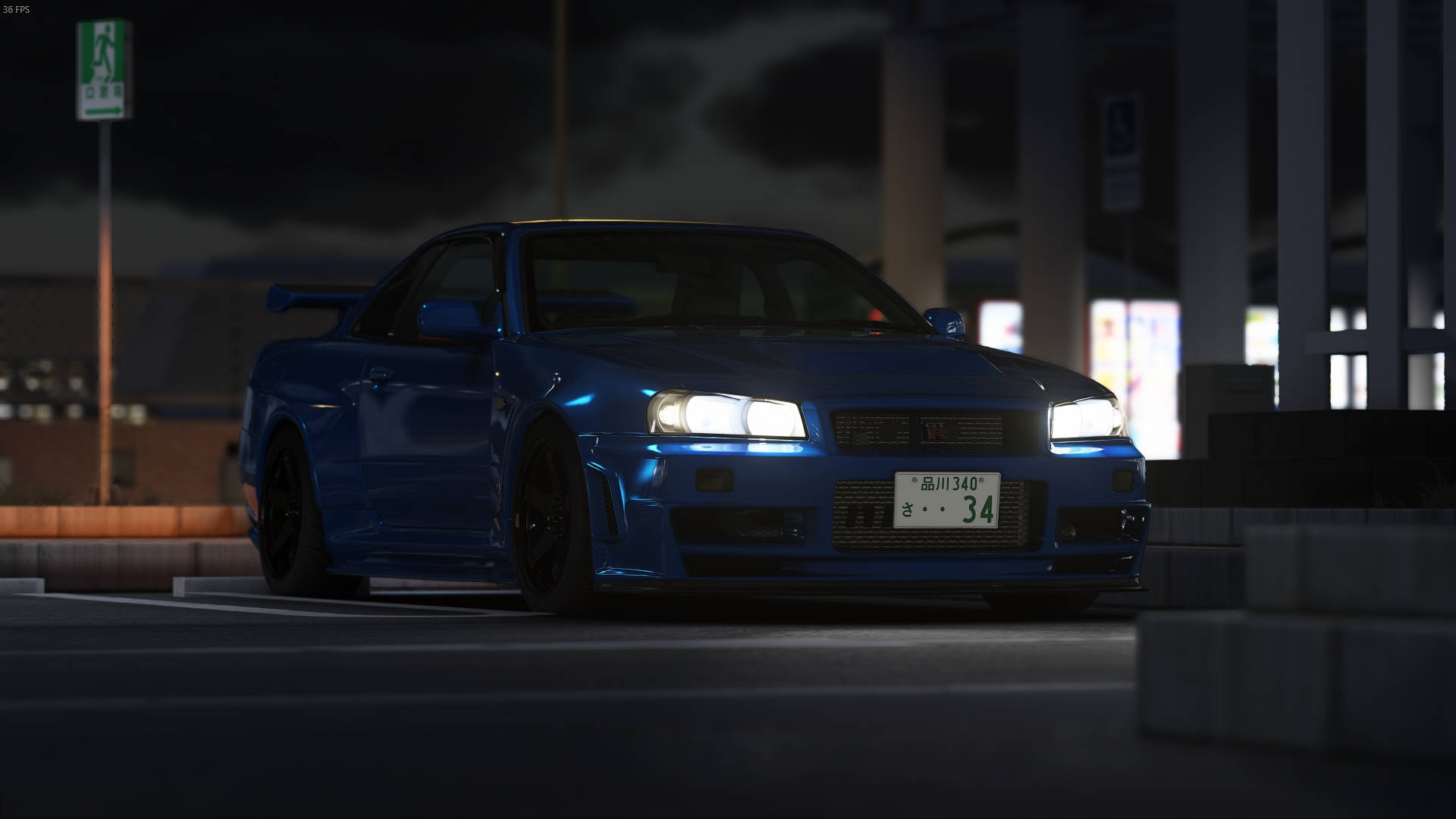 Nissan Skyline GTR R34, blue, streetlights, Full HD Desktop Wallpaper