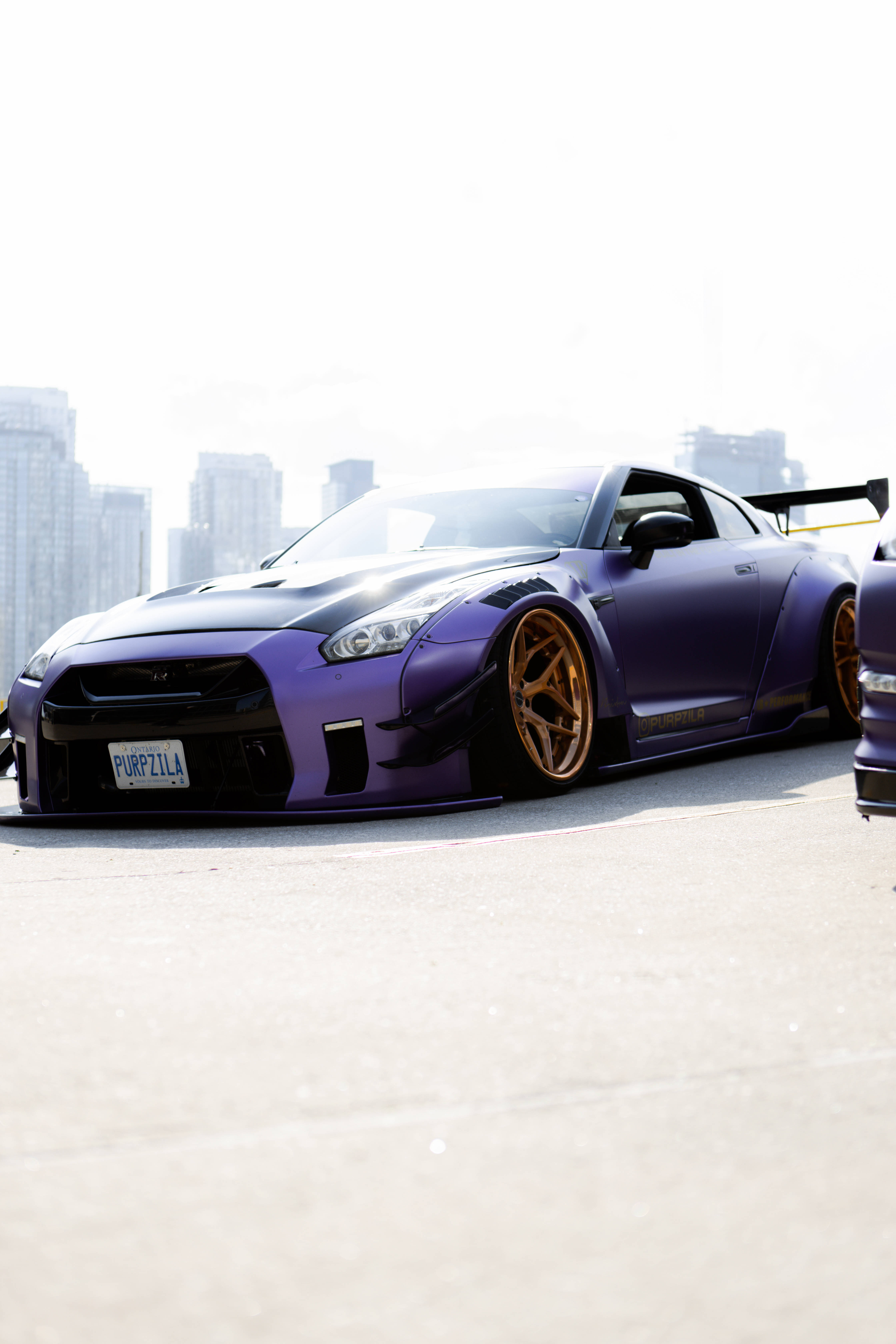 Nissan Skyline GTR R34, matte purple, gold wheels, 5K Phone Wallpaper