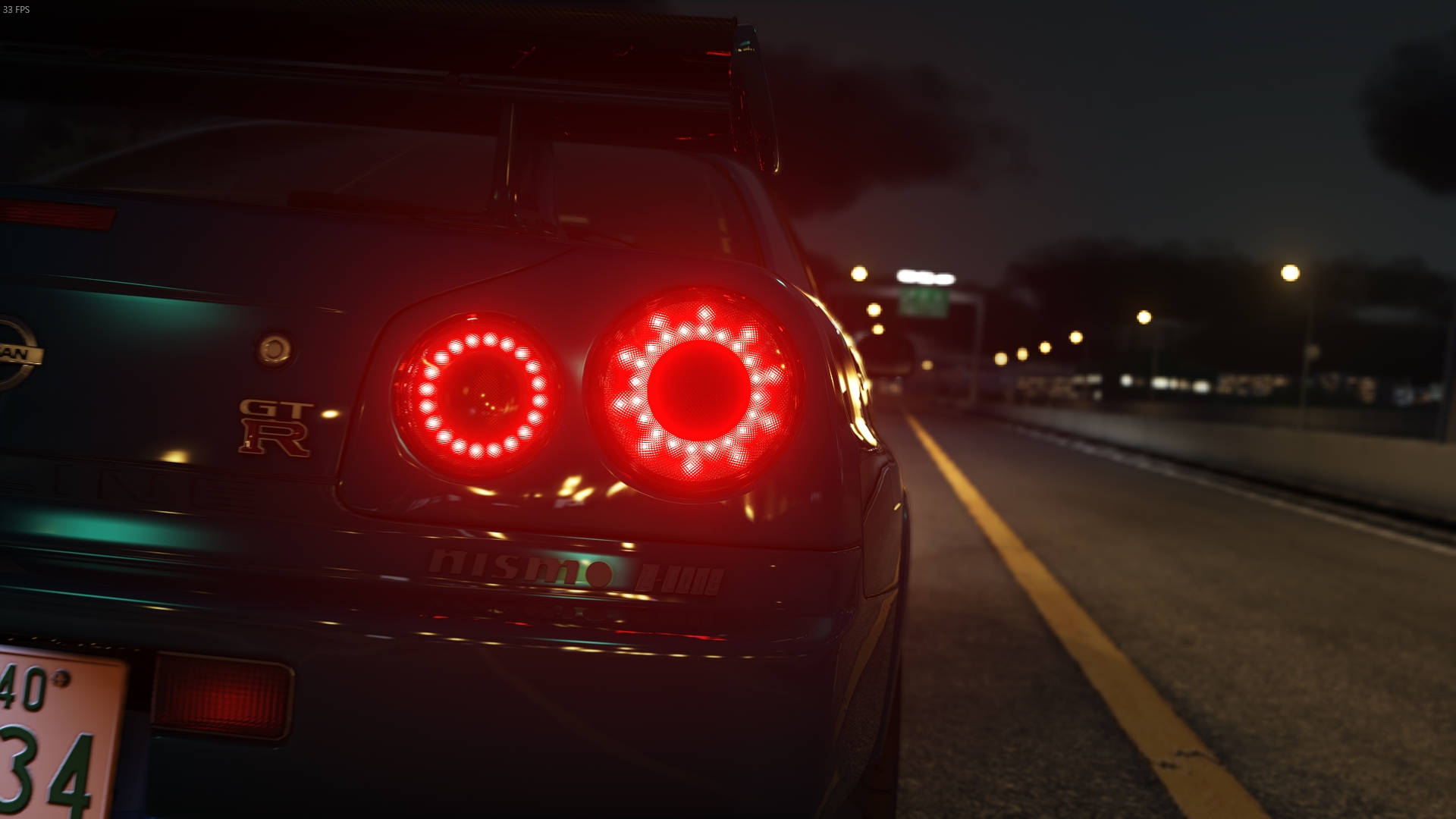 Nissan Skyline GTR R34, glowing red circular taillights, dimly lit highway, Full HD Desktop Wallpaper