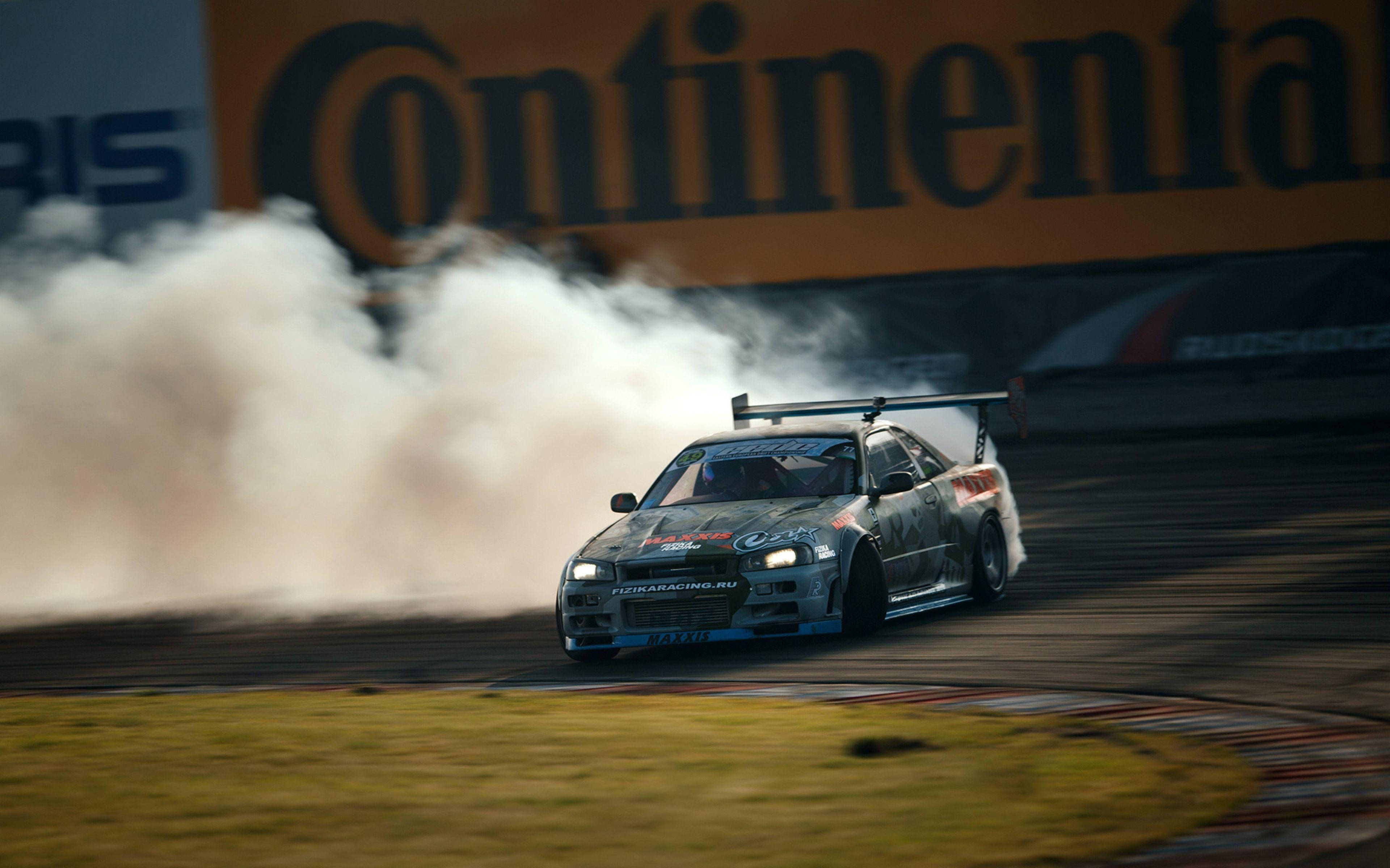 Nissan Skyline GTR R34, drift racing car, thick white smoke, 4K Desktop Wallpaper