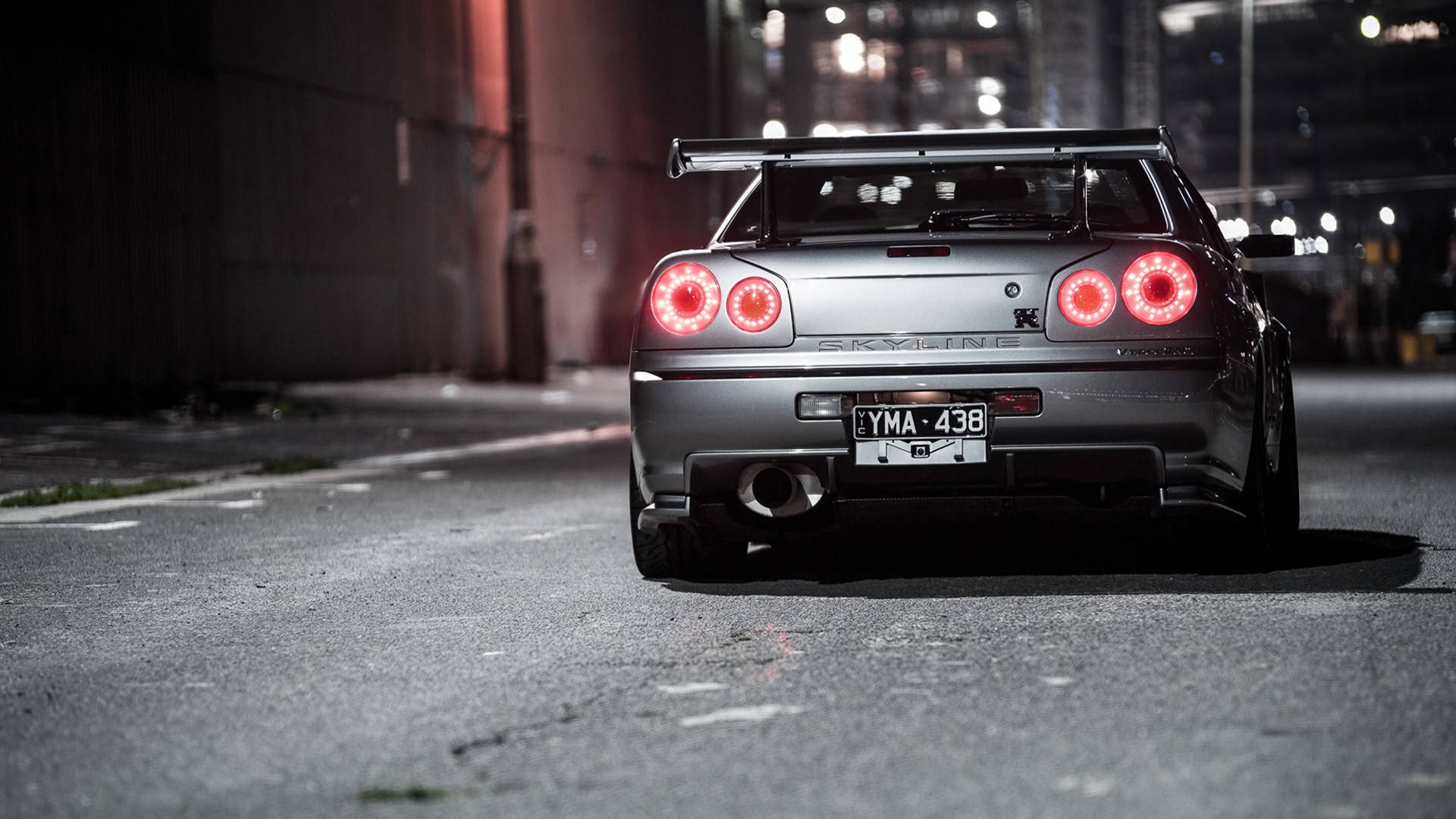 Nissan Skyline GTR R34, silver, glowing red circular taillights, Full HD Desktop Wallpaper