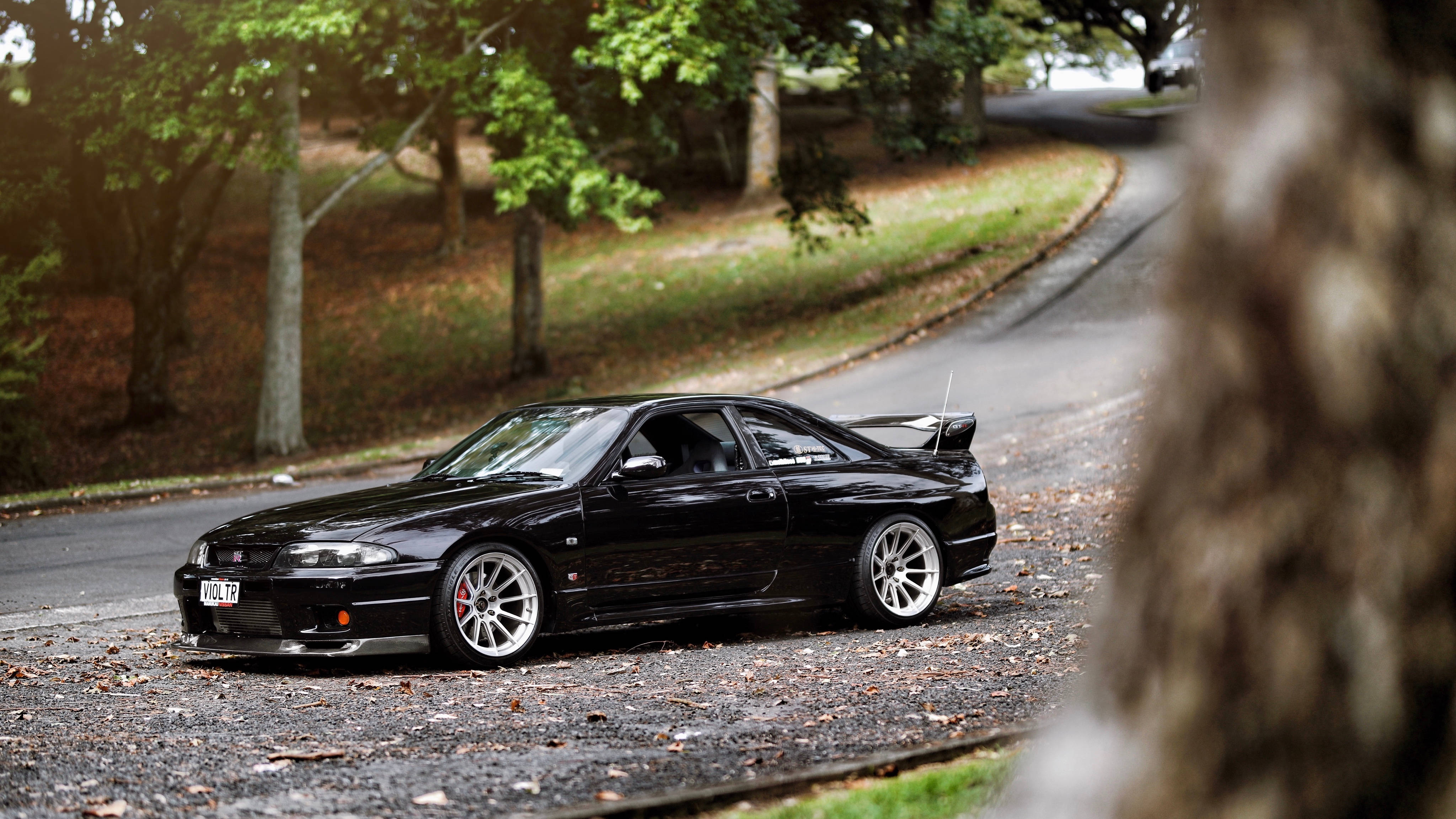 Nissan Skyline GTR R34, black, leaf-strewn road, 4K Desktop Wallpaper