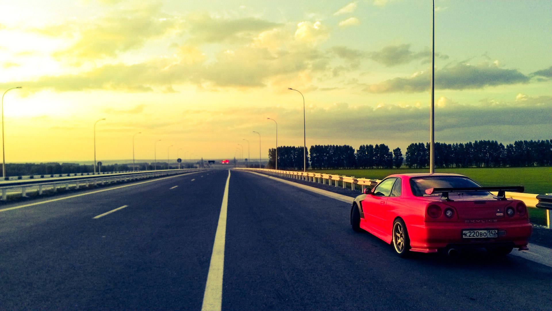 Nissan Skyline GTR R34, sunset, highway, Full HD Desktop Wallpaper