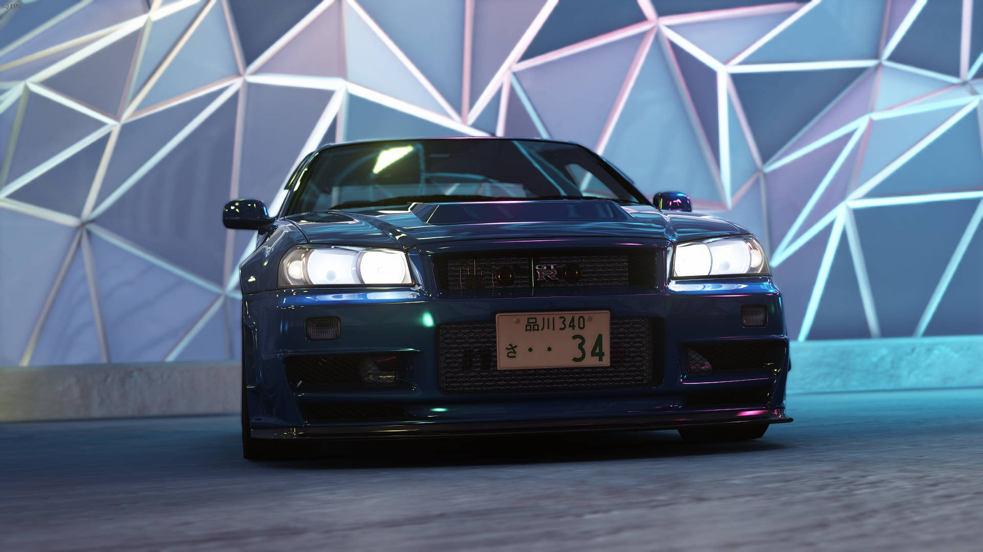 Nissan Skyline GTR R34, blue, glowing headlights, Full HD Desktop Wallpaper