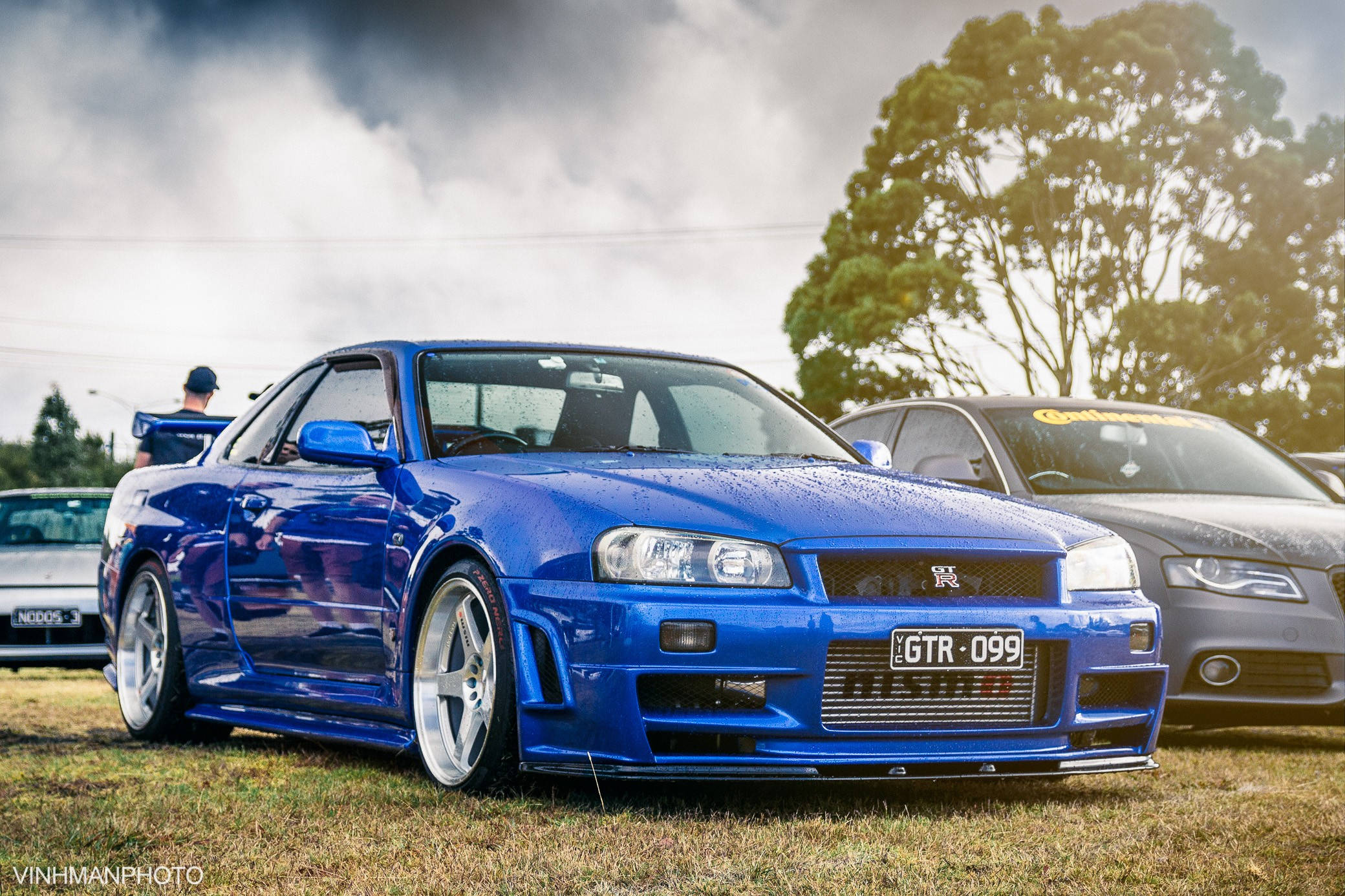 Nissan Skyline GTR R34, glossy blue, grass, Full HD Desktop Wallpaper