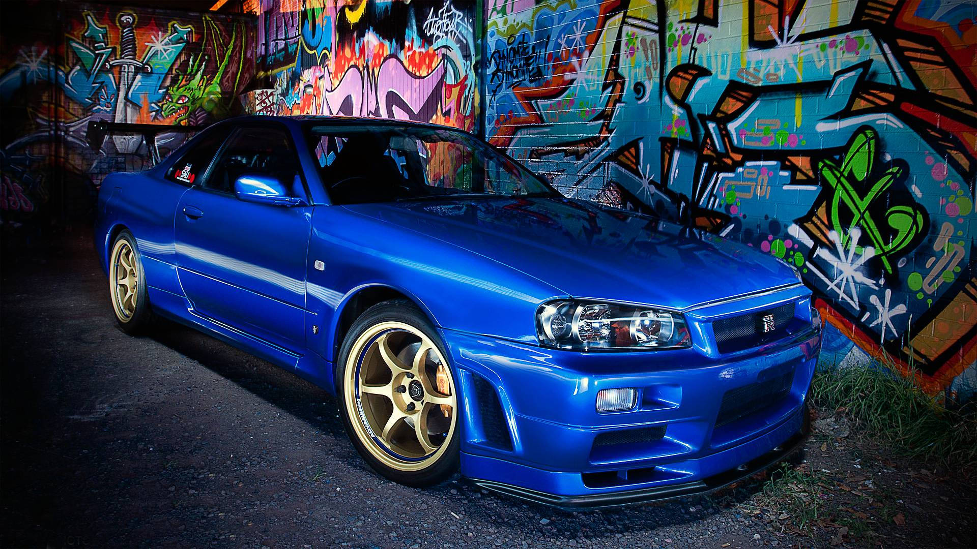 Nissan Skyline GTR R34, glossy blue, gold rims, Full HD Desktop Wallpaper