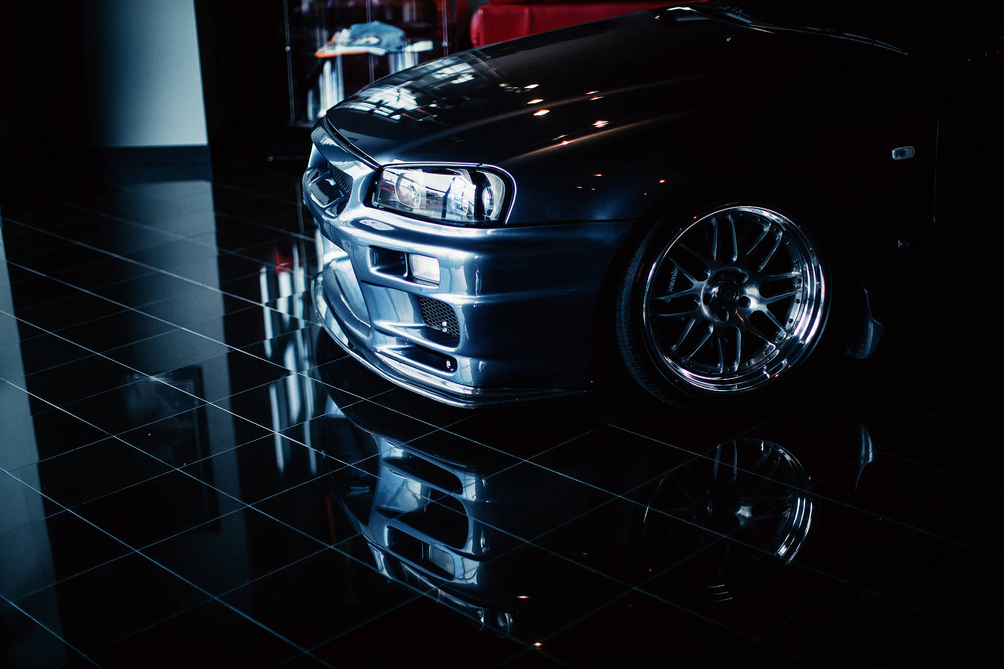 Nissan Skyline GTR R34, front hood, sleek black sports car, Full HD Desktop Wallpaper