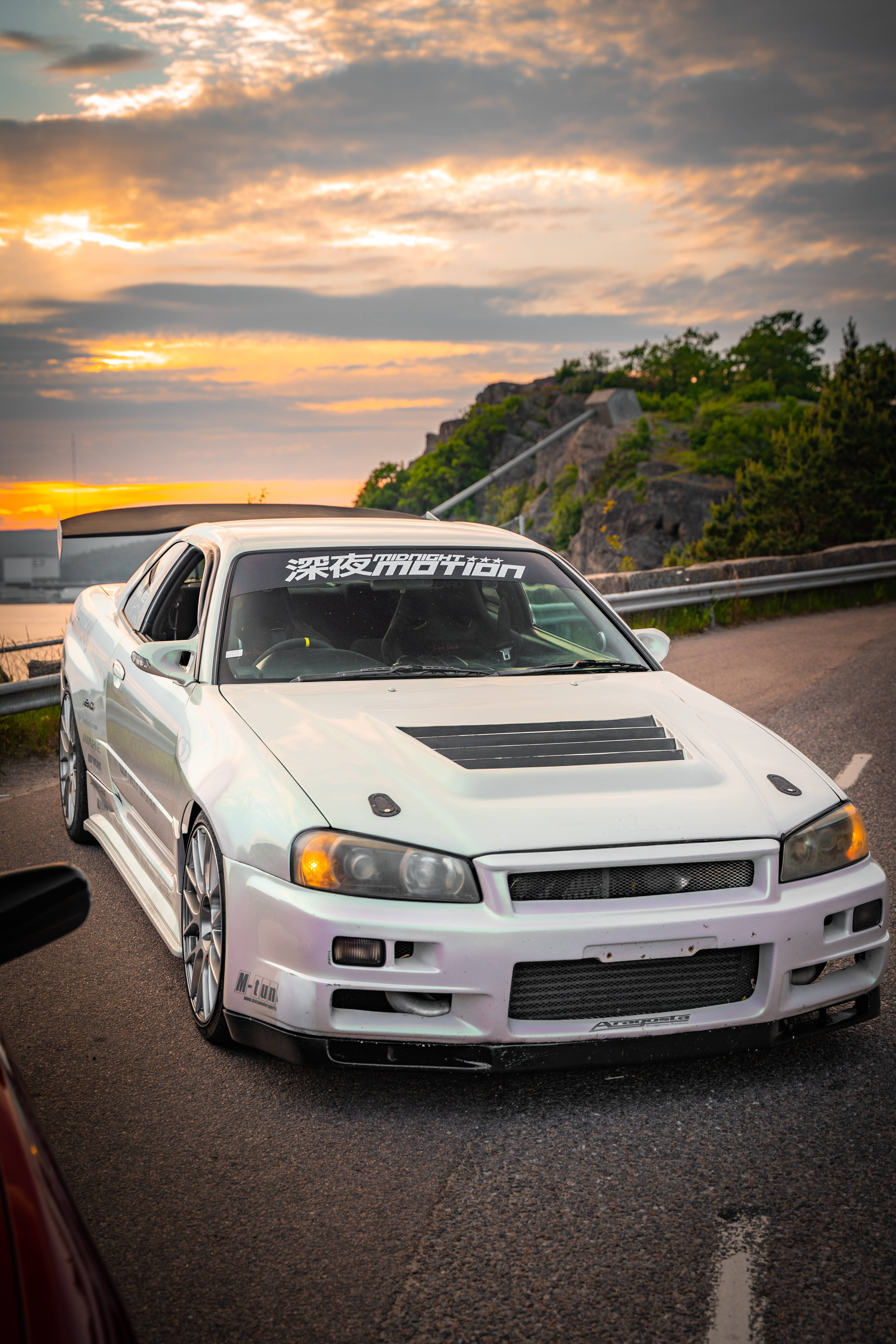 Nissan Skyline GTR R34, white, coastal road, 5K Phone Wallpaper