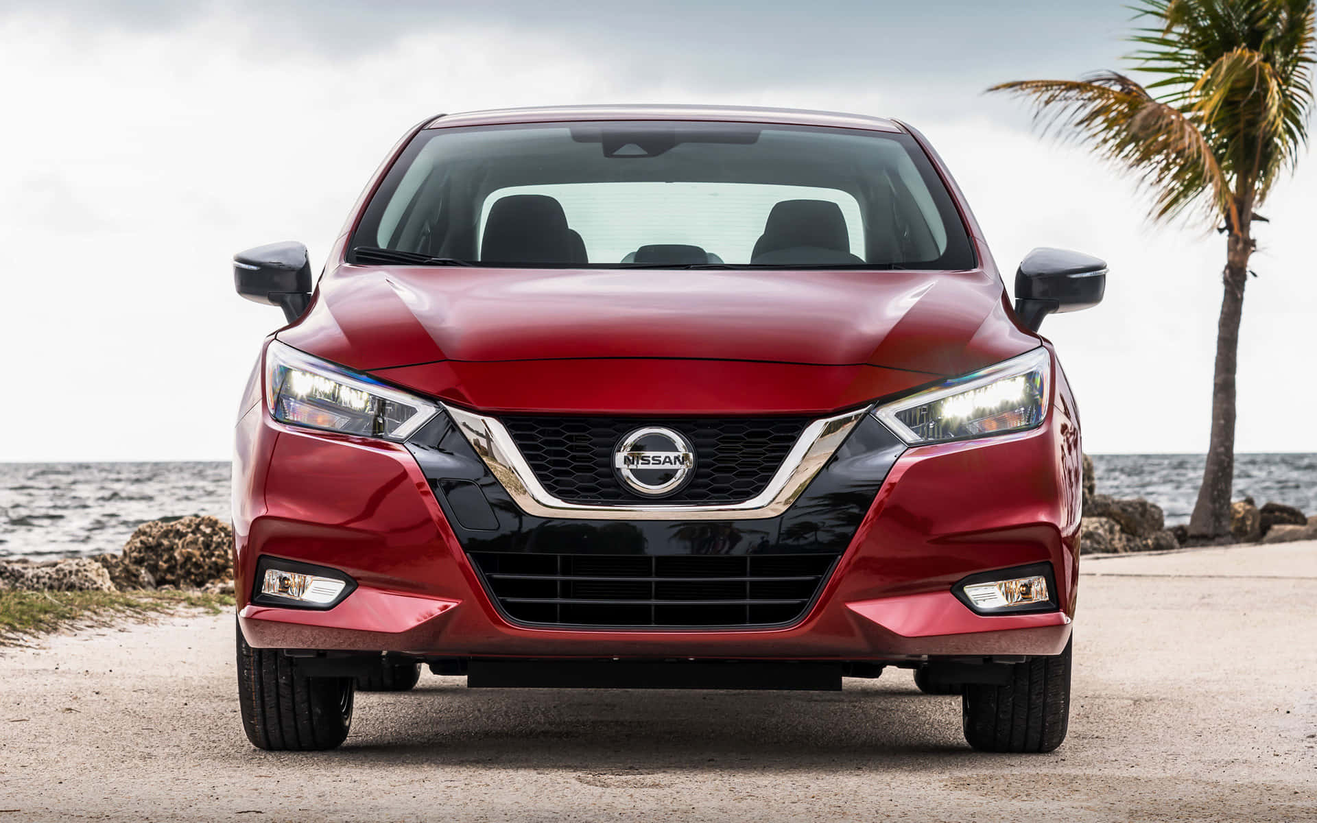 2022 Nissan Versa, glossy red, coastal road, Full HD Desktop Wallpaper