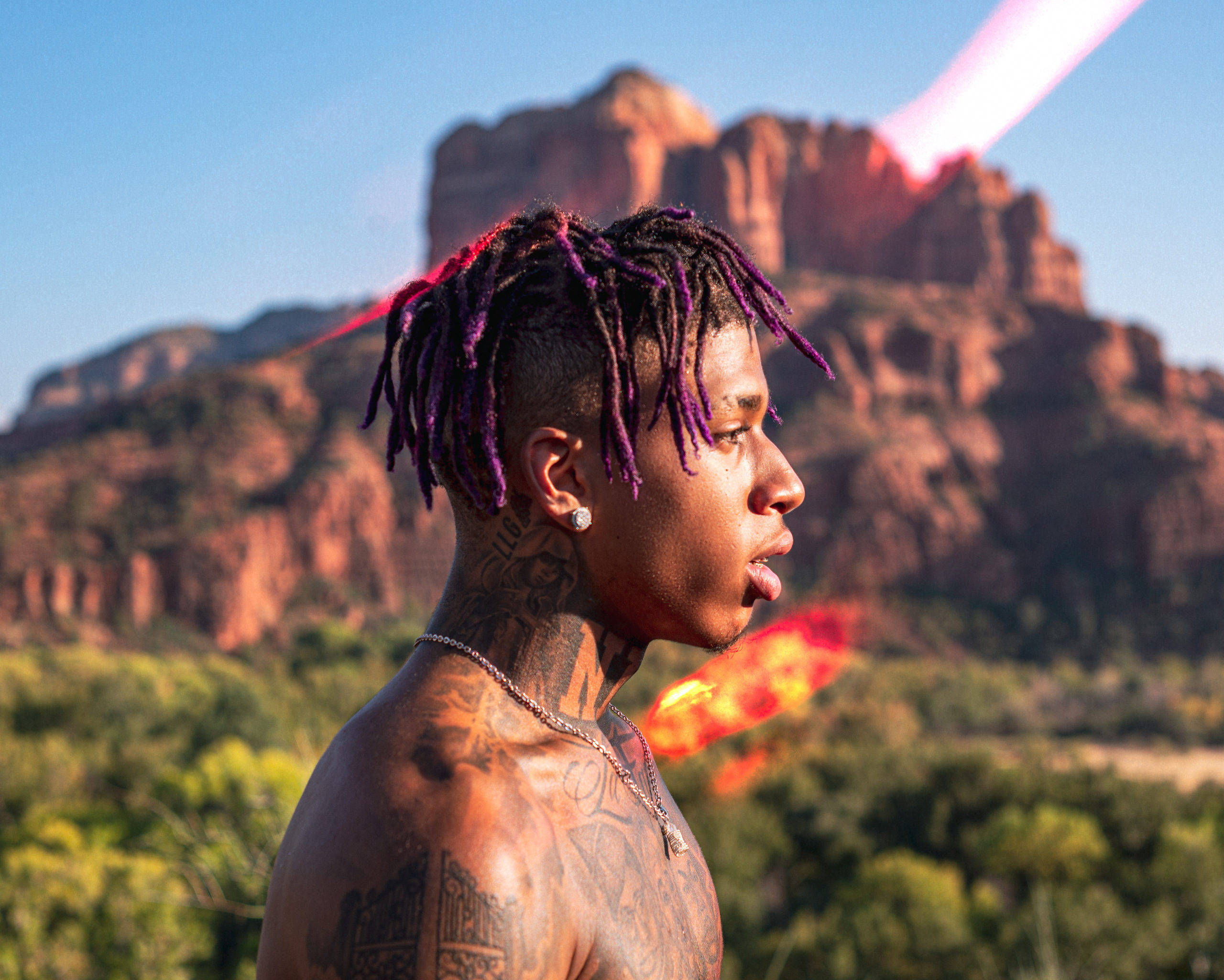 Nle Choppa, purple dreadlocks, tattoos, 2K Desktop Wallpaper