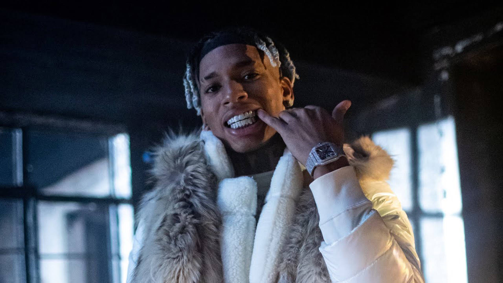 NLE Choppa, white jacket, fur-trimmed white coat, Full HD Desktop Wallpaper