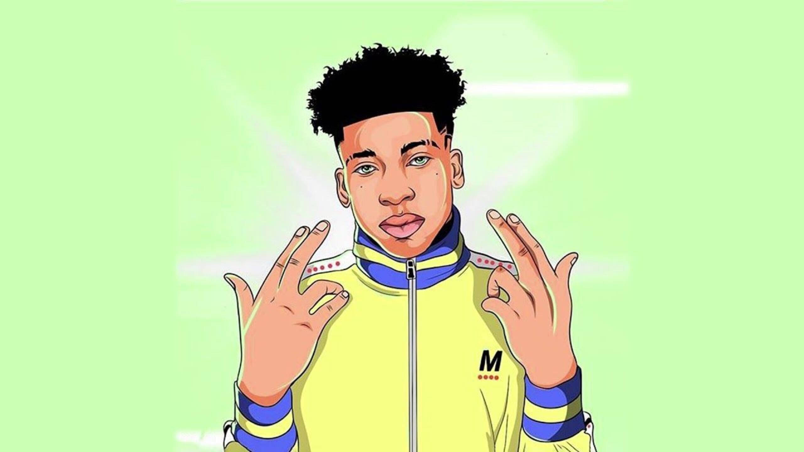 Nle Choppa, yellow jacket, glowing green background, 2K Desktop Wallpaper