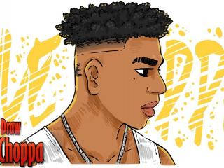 Nle Choppa, cartoon portrait, curly hair, SD Desktop Wallpaper