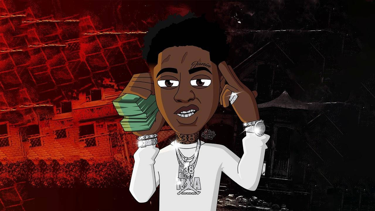 Nle Choppa, cartoon rapper, fiery red urban backdrop, HD Desktop Wallpaper
