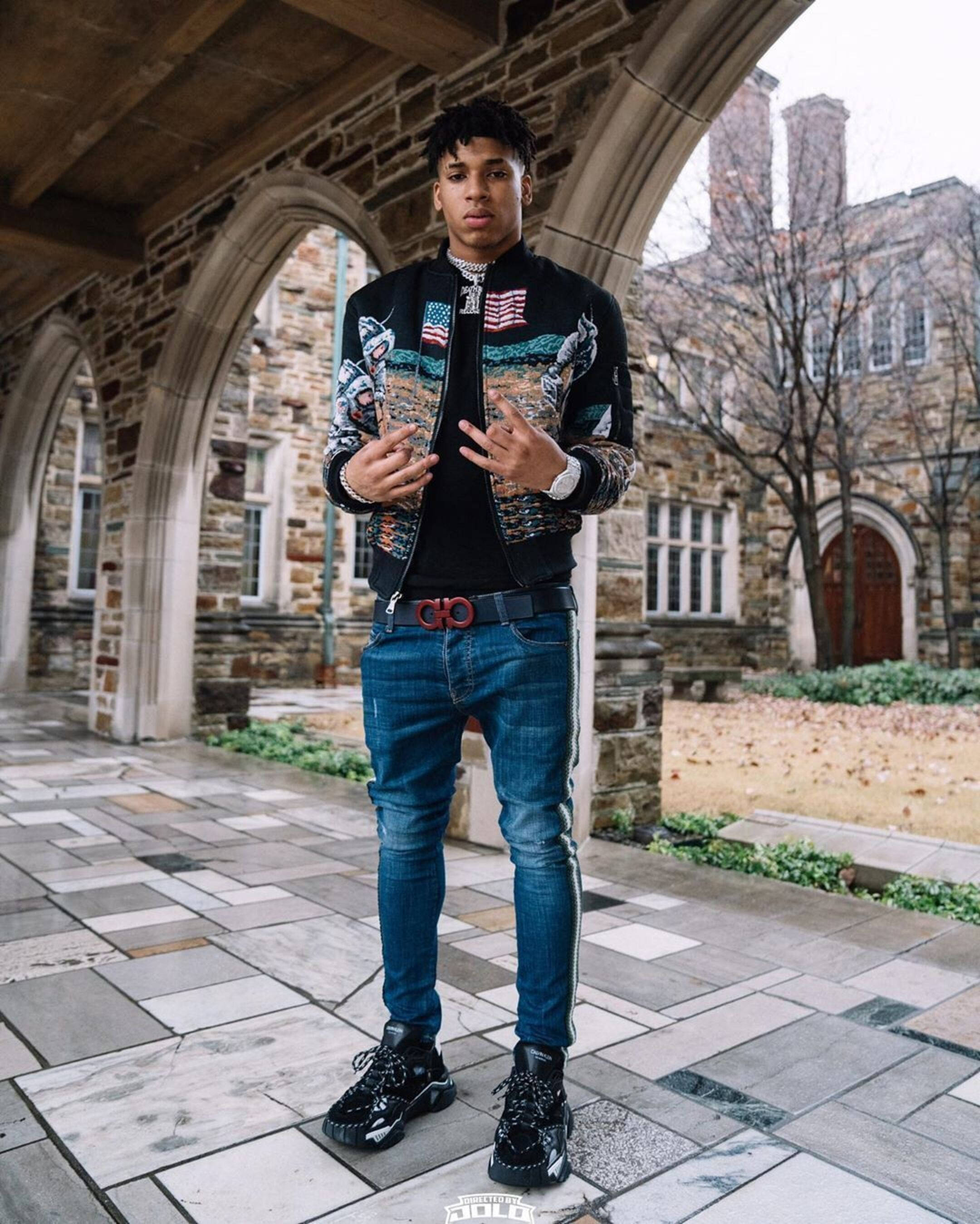 NLE Choppa, graphic bomber jacket, jeans, 2K Phone Wallpaper