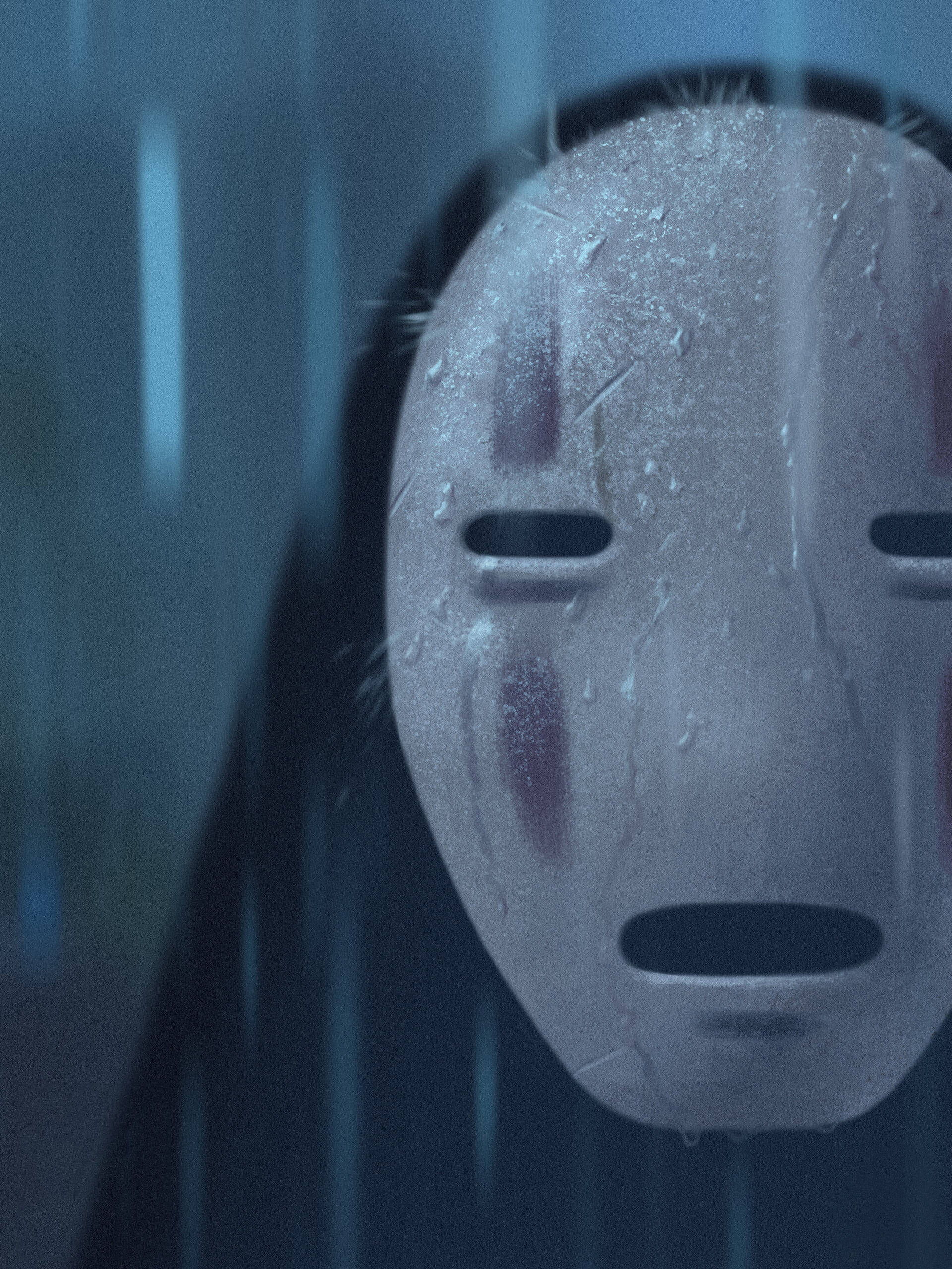 No-Face, rain-slicked, white mask, 2K Phone Wallpaper