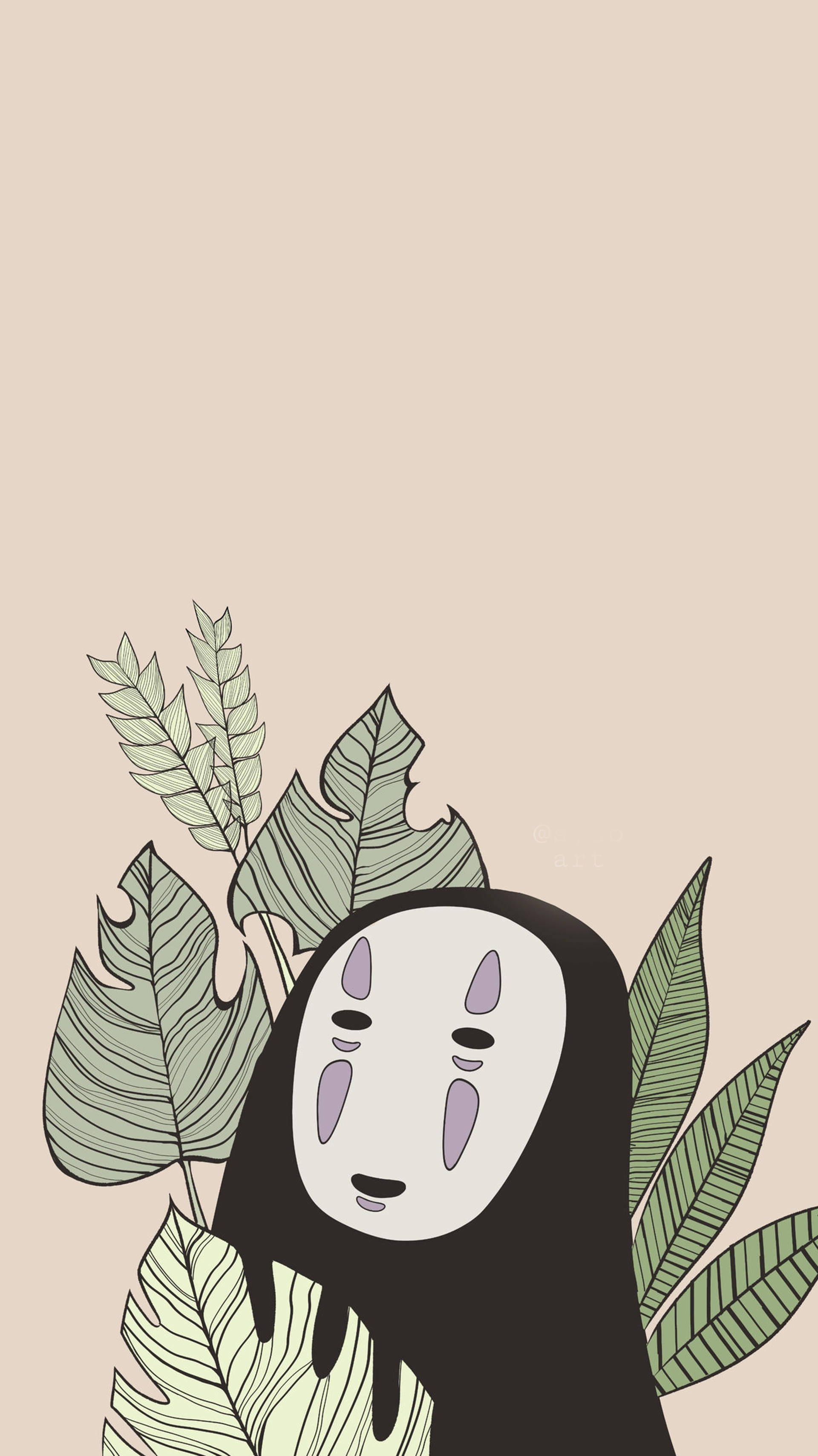 No Face, green leaves, beige background, 2K Phone Wallpaper