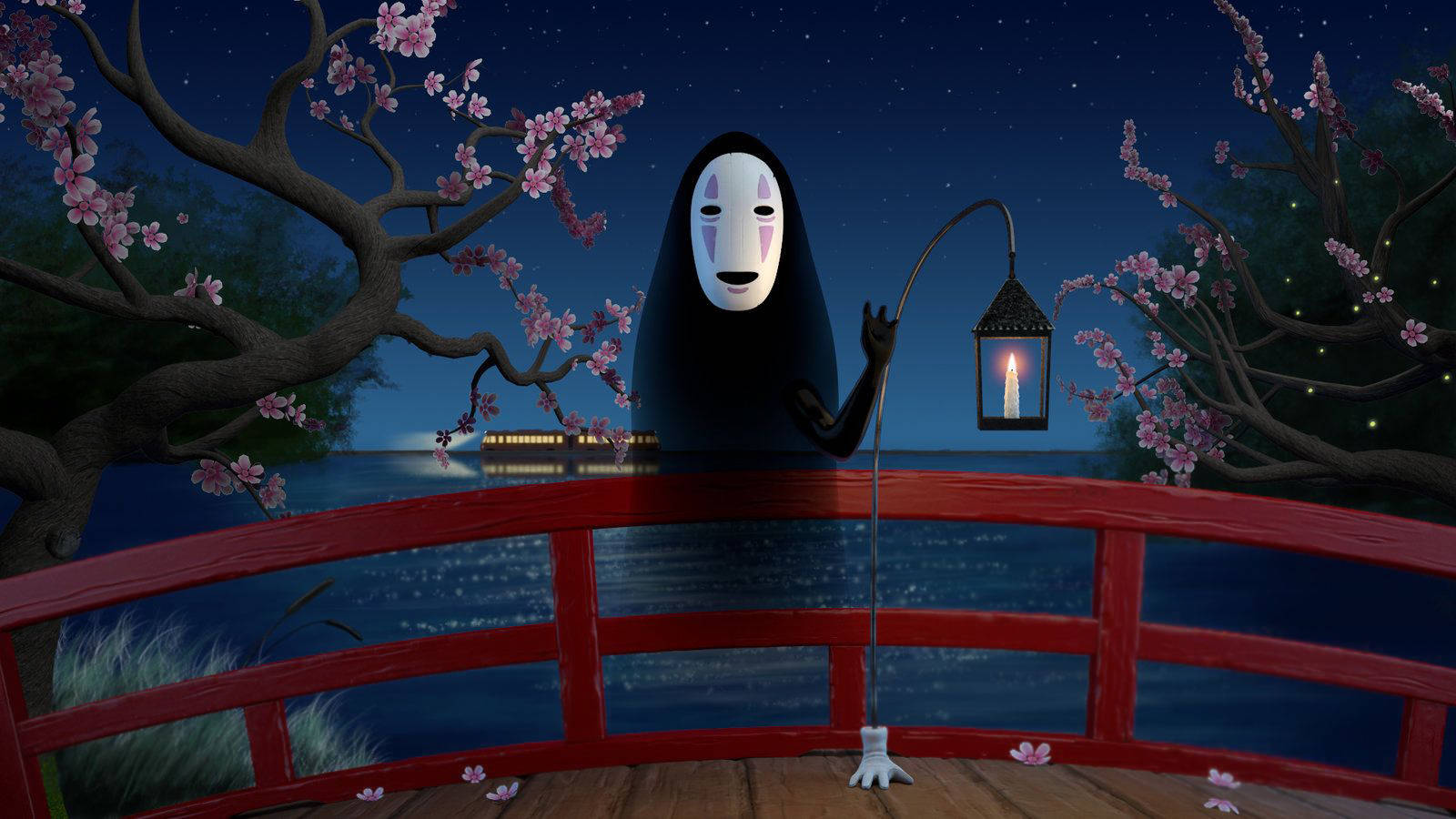 No-Face, white mask, red bridge, HD Desktop Wallpaper