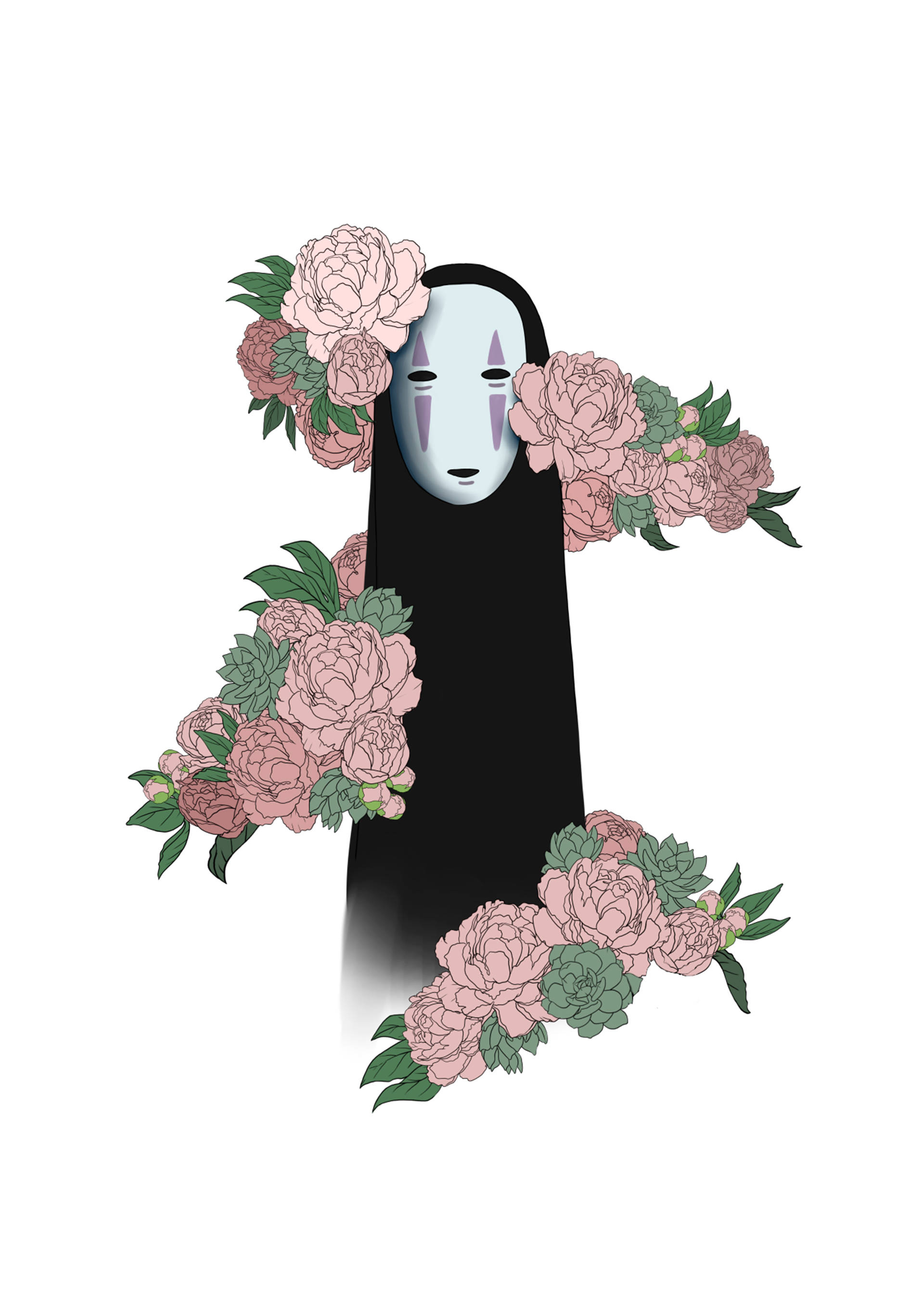 No-Face, pink peonies, green succulents, 2K Phone Wallpaper