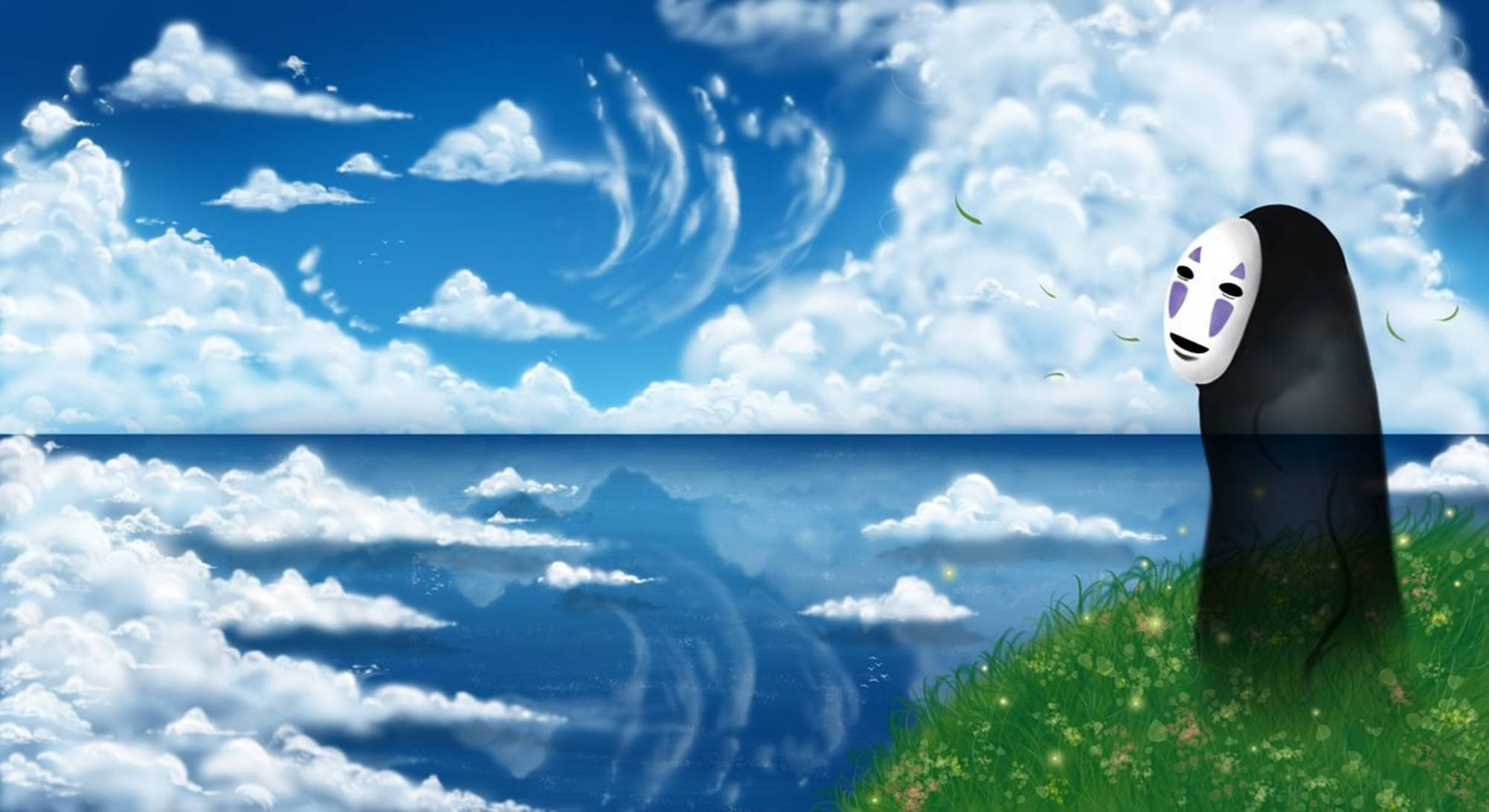 No-Face, grassy cliff, vast ocean, Full HD Desktop Wallpaper