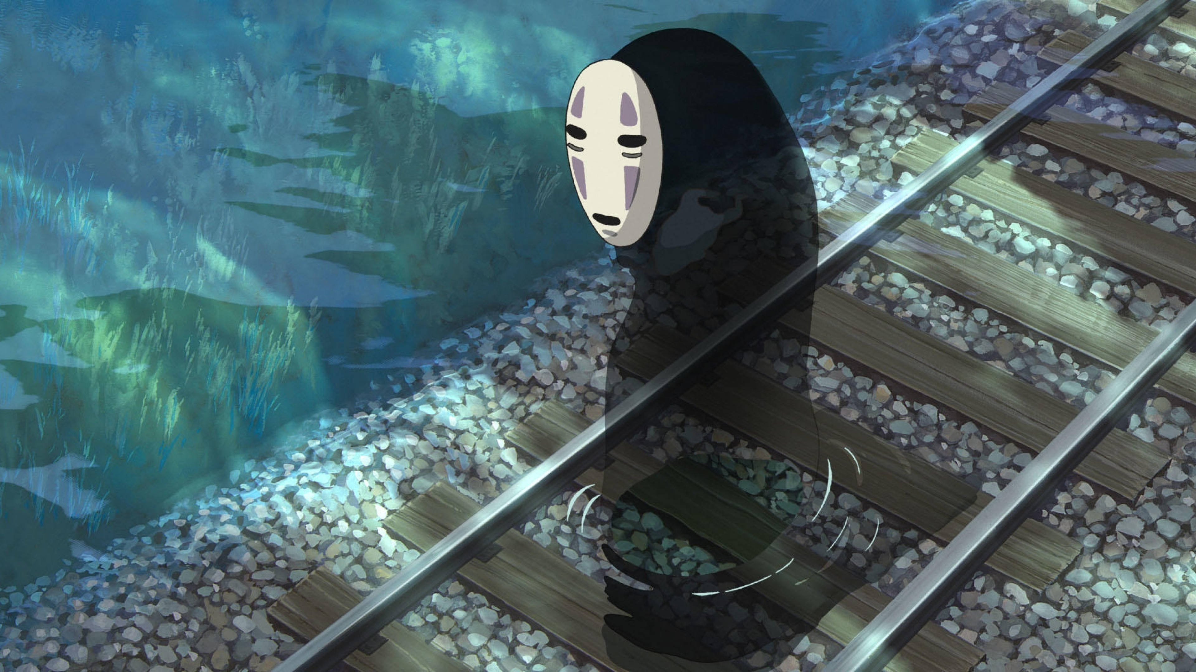 No-Face, wooden rail, glowing blue waterway, 4K Desktop Wallpaper