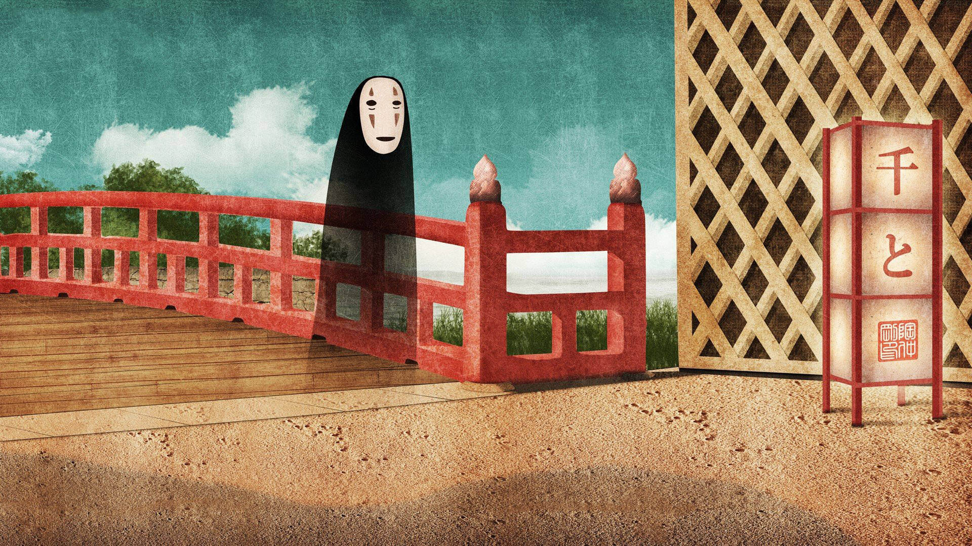 white mask, red bridge, traditional Japanese lantern, Full HD Desktop Wallpaper