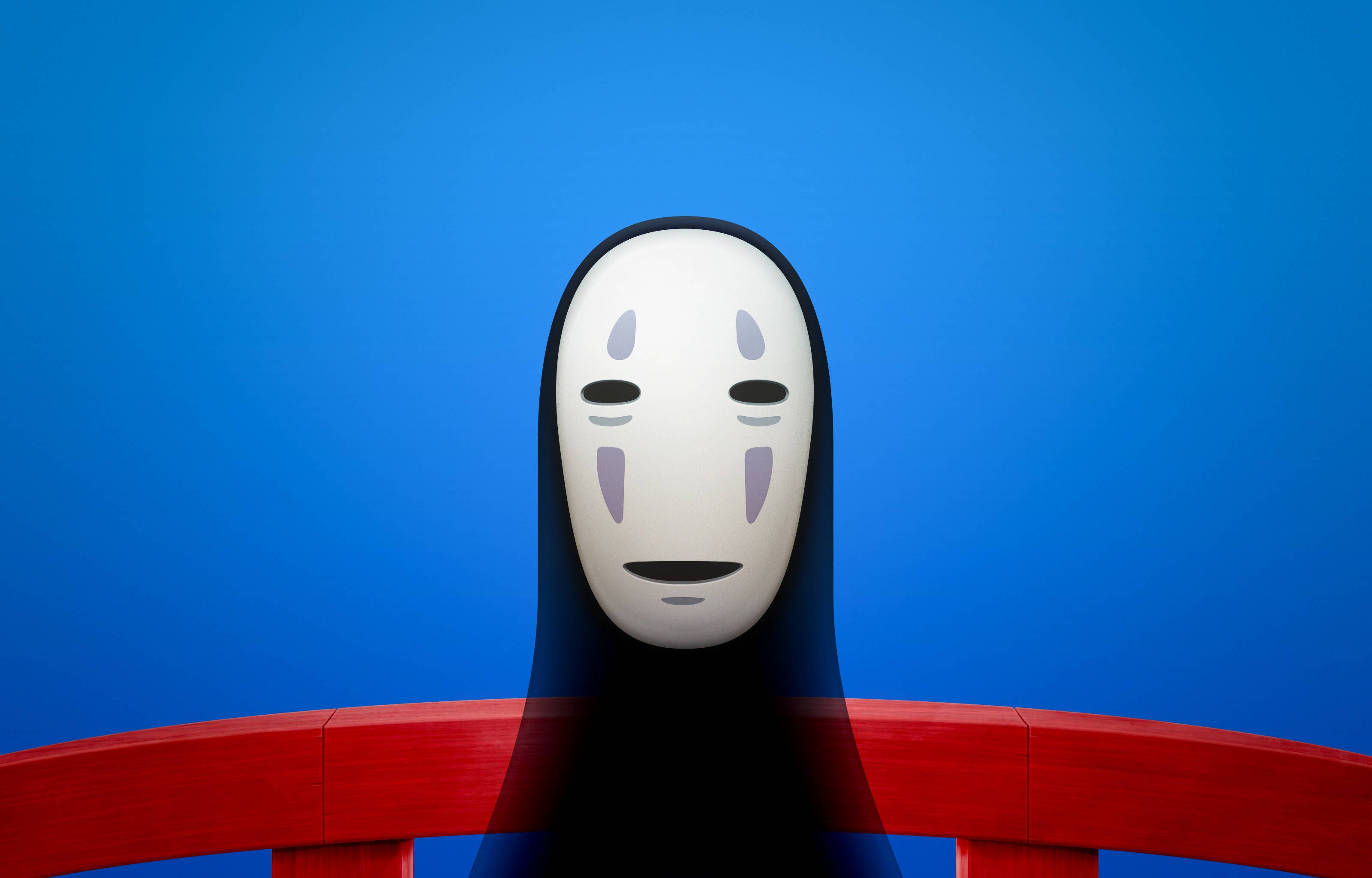 white-masked spirit, vibrant red bridge, solid blue background, 2K Desktop Wallpaper