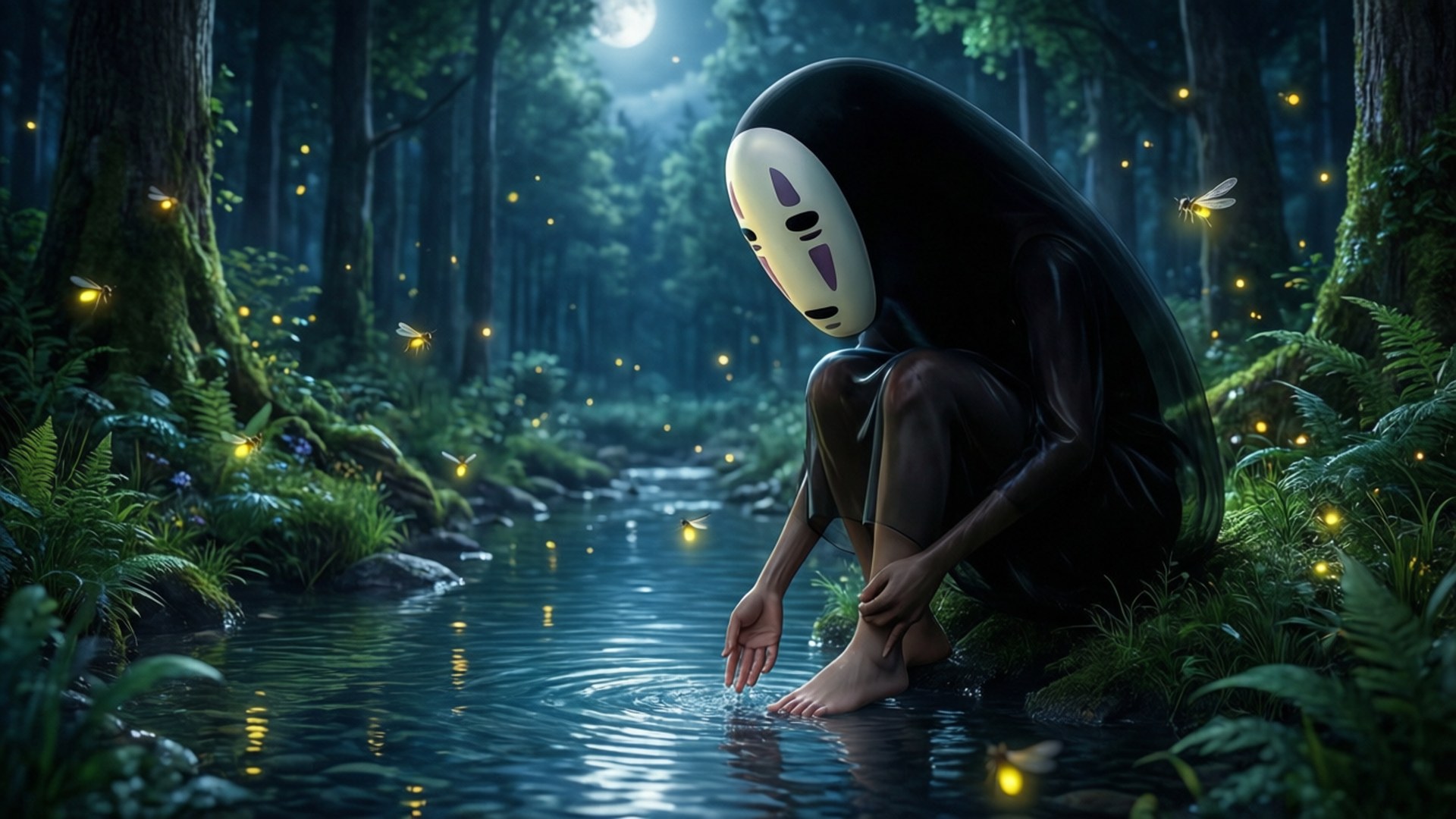 river of fireflies, masked figure, black robe, Full HD Desktop Wallpaper