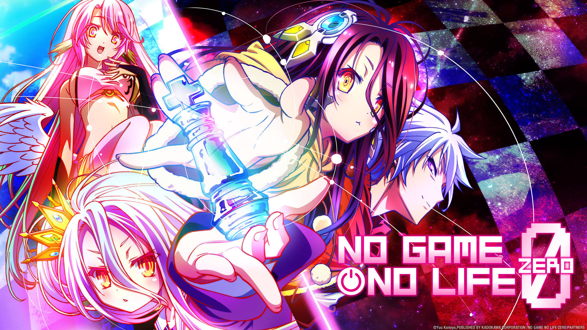 No Game No Life, anime movie, cosmic checkered background, Full HD Desktop Wallpaper