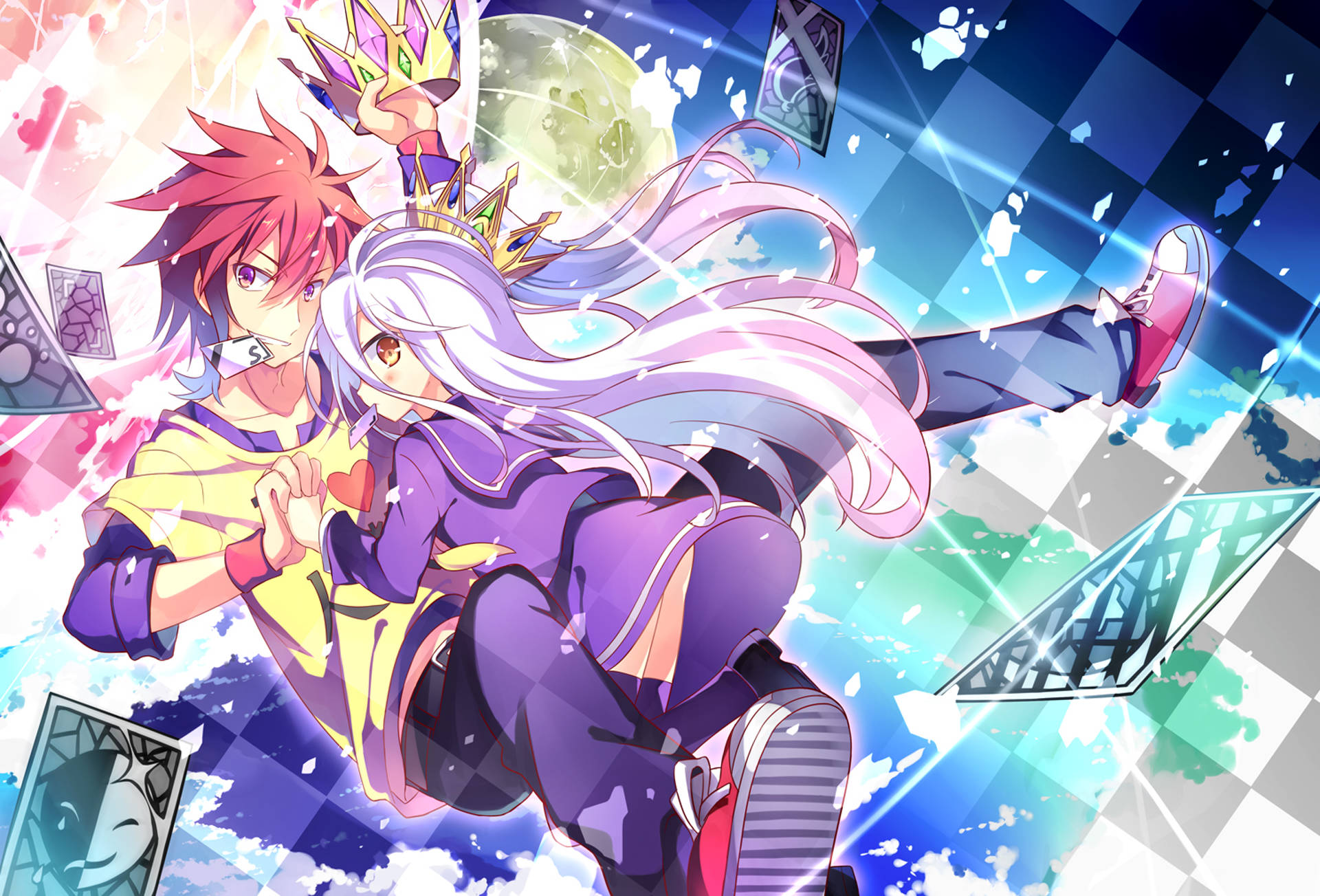 No Game No Life, anime characters, floating cards, Full HD Desktop Wallpaper