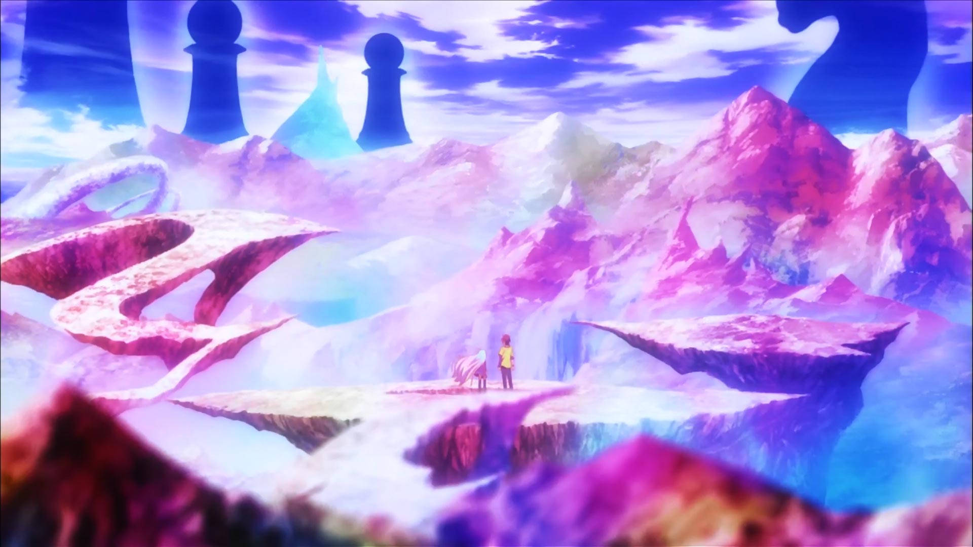 No Game No Life, floating platform, surreal mountain range, Full HD Desktop Wallpaper