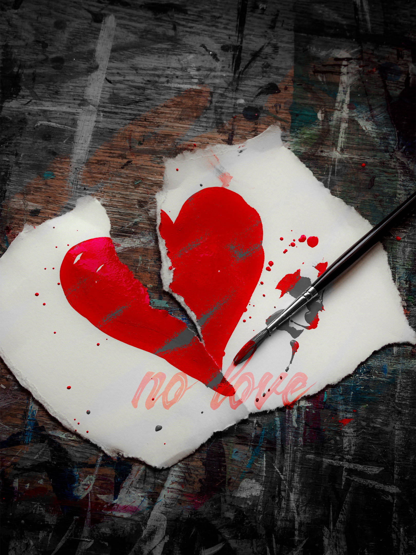 No Love, torn red heart, white paper, Full HD Phone Wallpaper