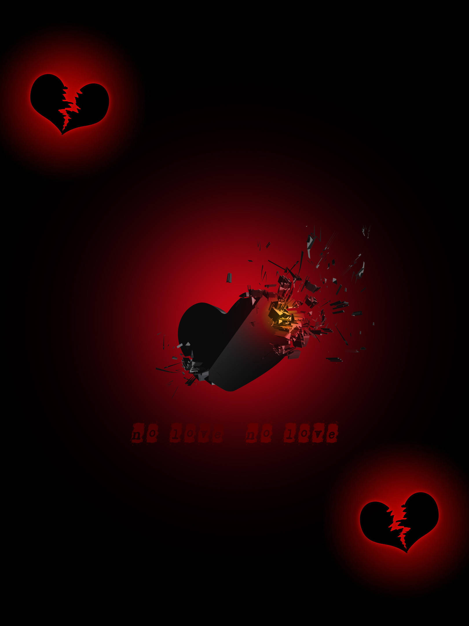 No Love, shattered black heart, fiery fragments, Full HD Phone Wallpaper