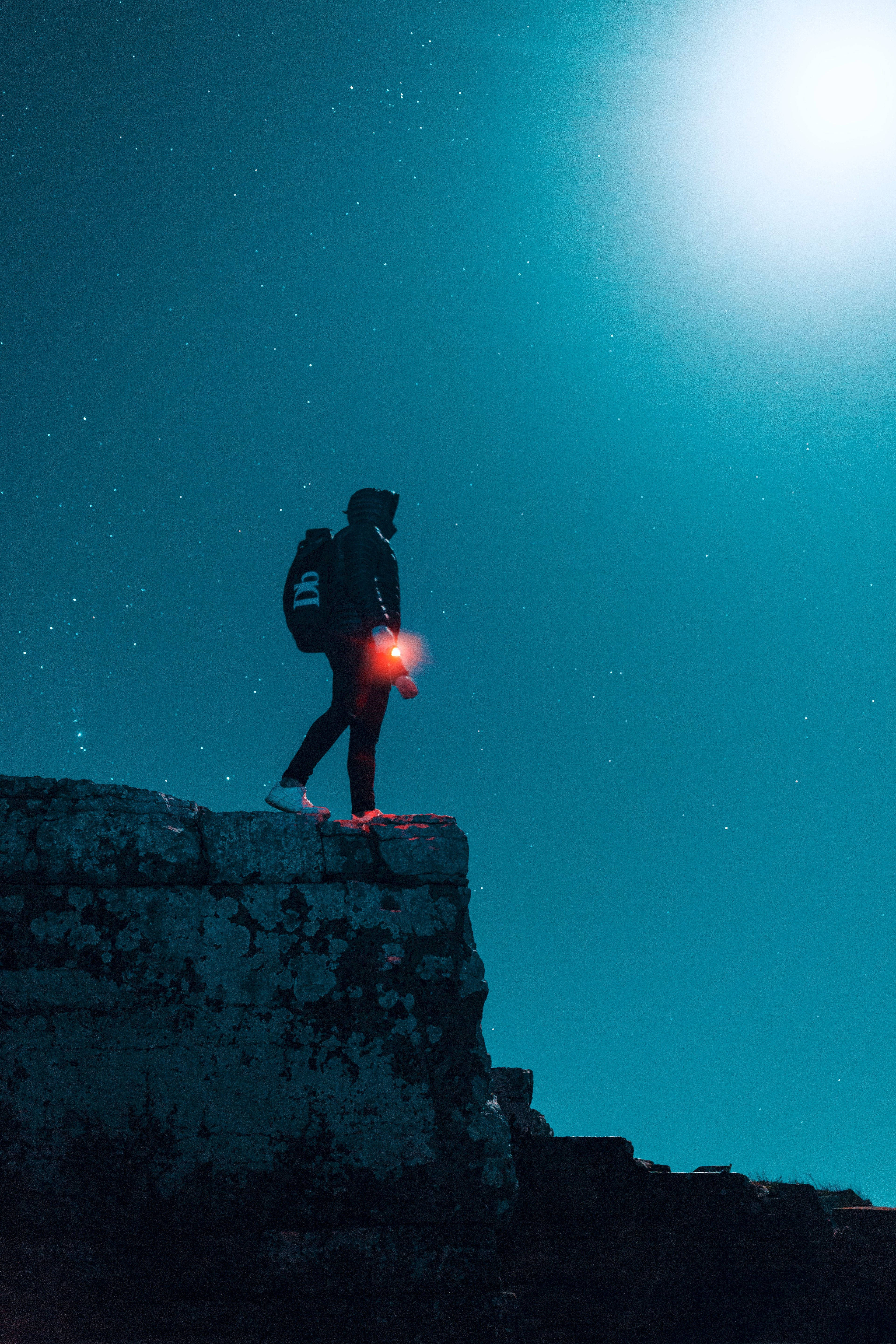 No Man's Sky, starry teal night sky, lone hiker, 5K Phone Wallpaper