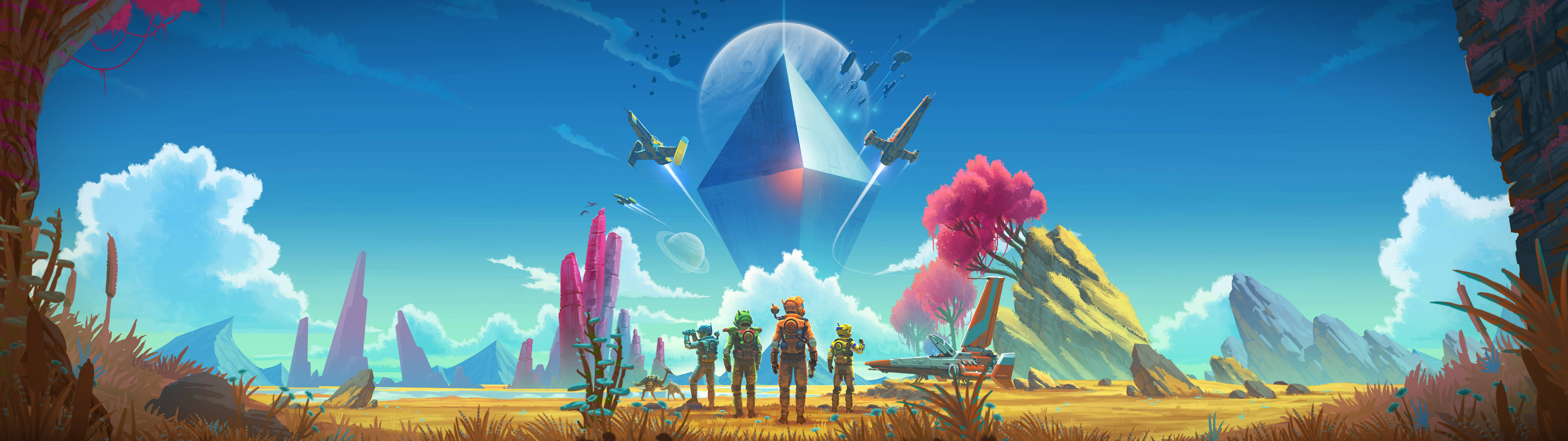 No Man's Sky, giant glowing blue crystal, vibrant alien landscape, 5K Desktop Wallpaper