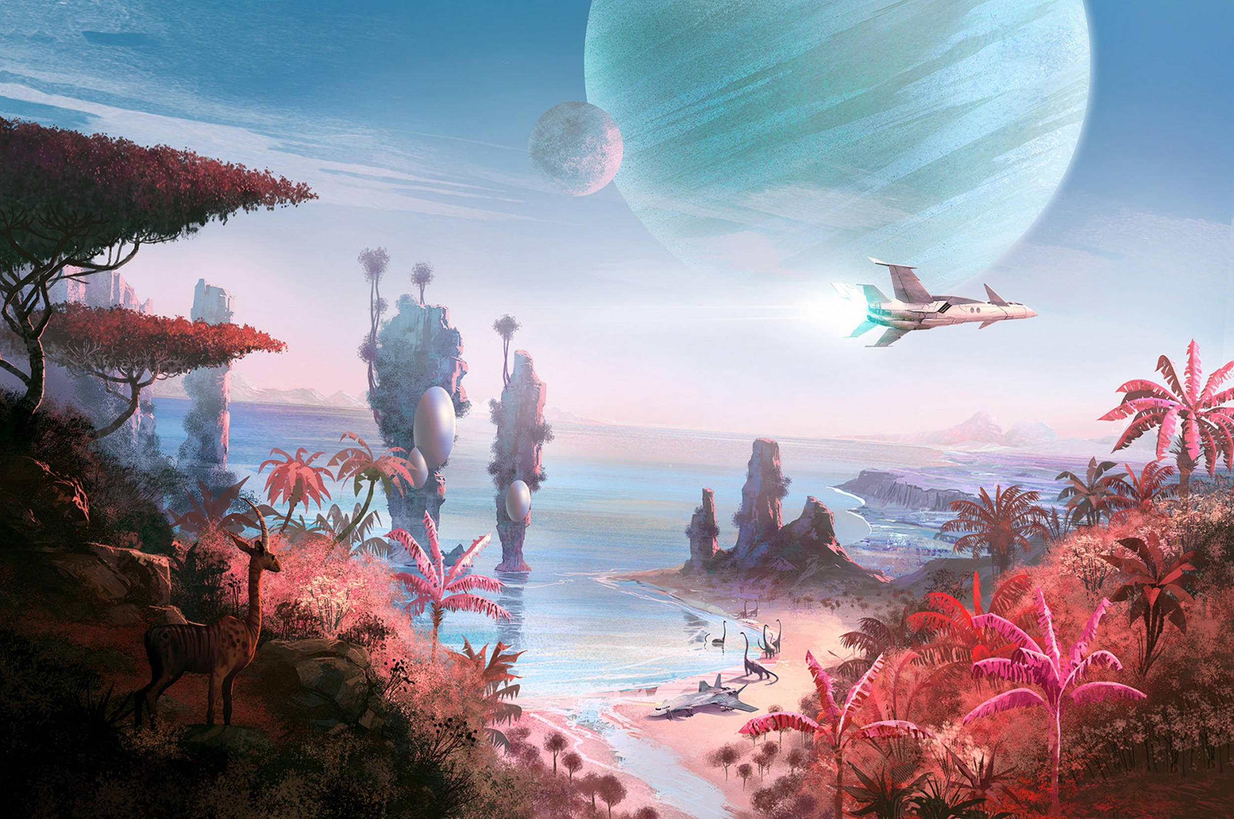 No Man's Sky, futuristic jet, tropical alien beach, Full HD Desktop Wallpaper